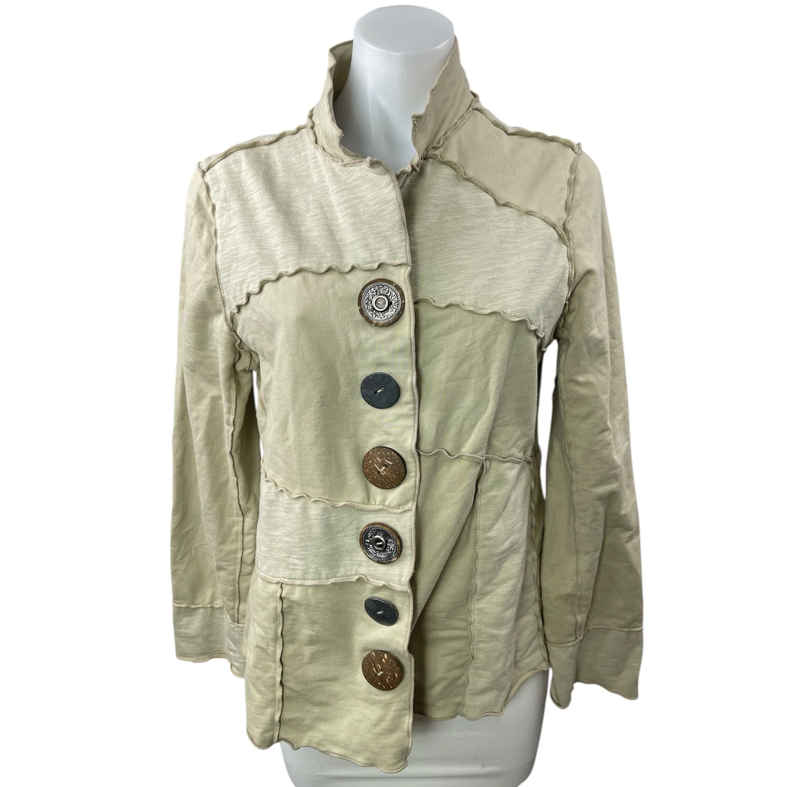 Neon Buddha Pieced-Panel Womens Beige Patchwork Cardigan Blazer Coat Jacket Sz M