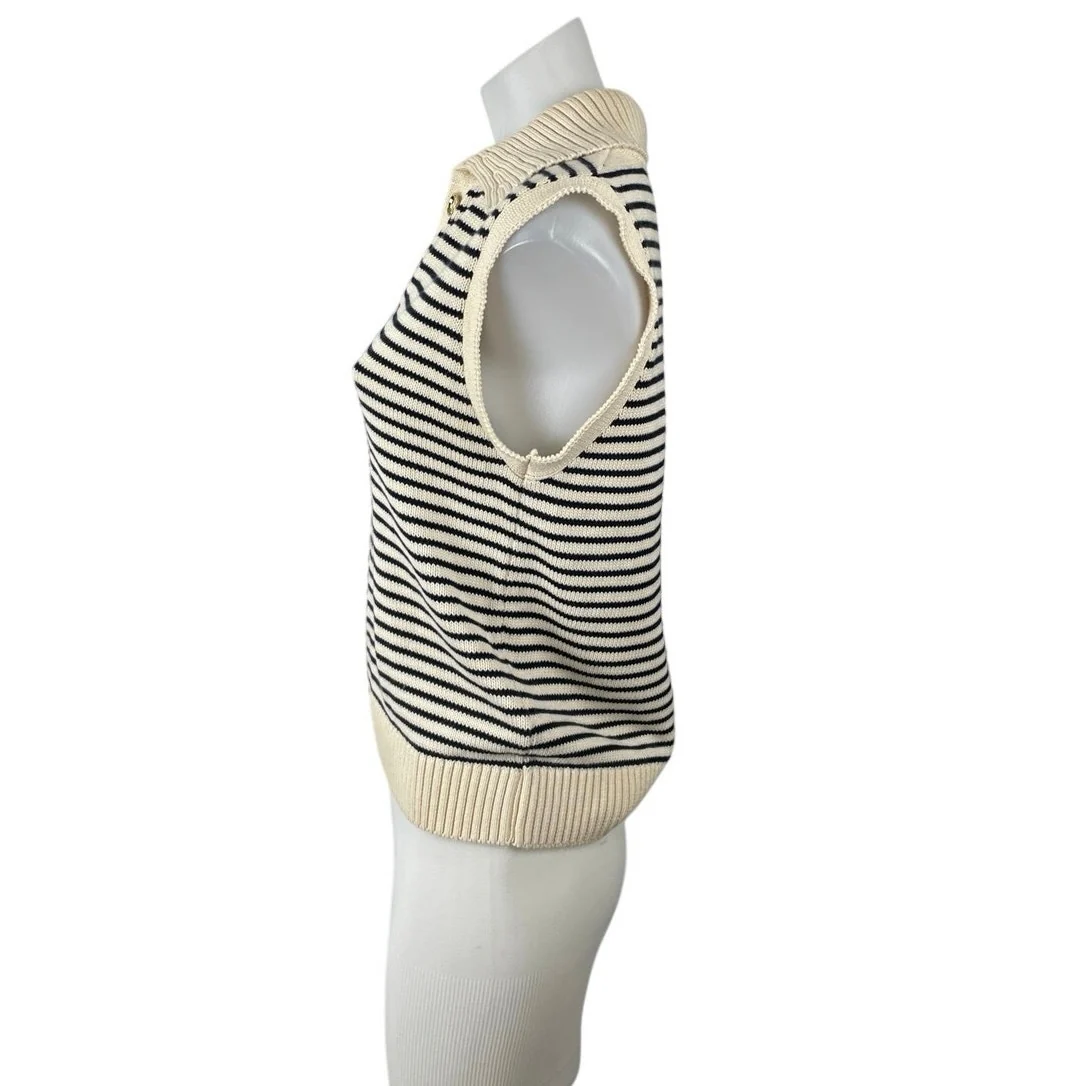 NetWork Women's Cream Black Striped Sleeveless Knit Polo Vest Sweater Top Size S - Image 3