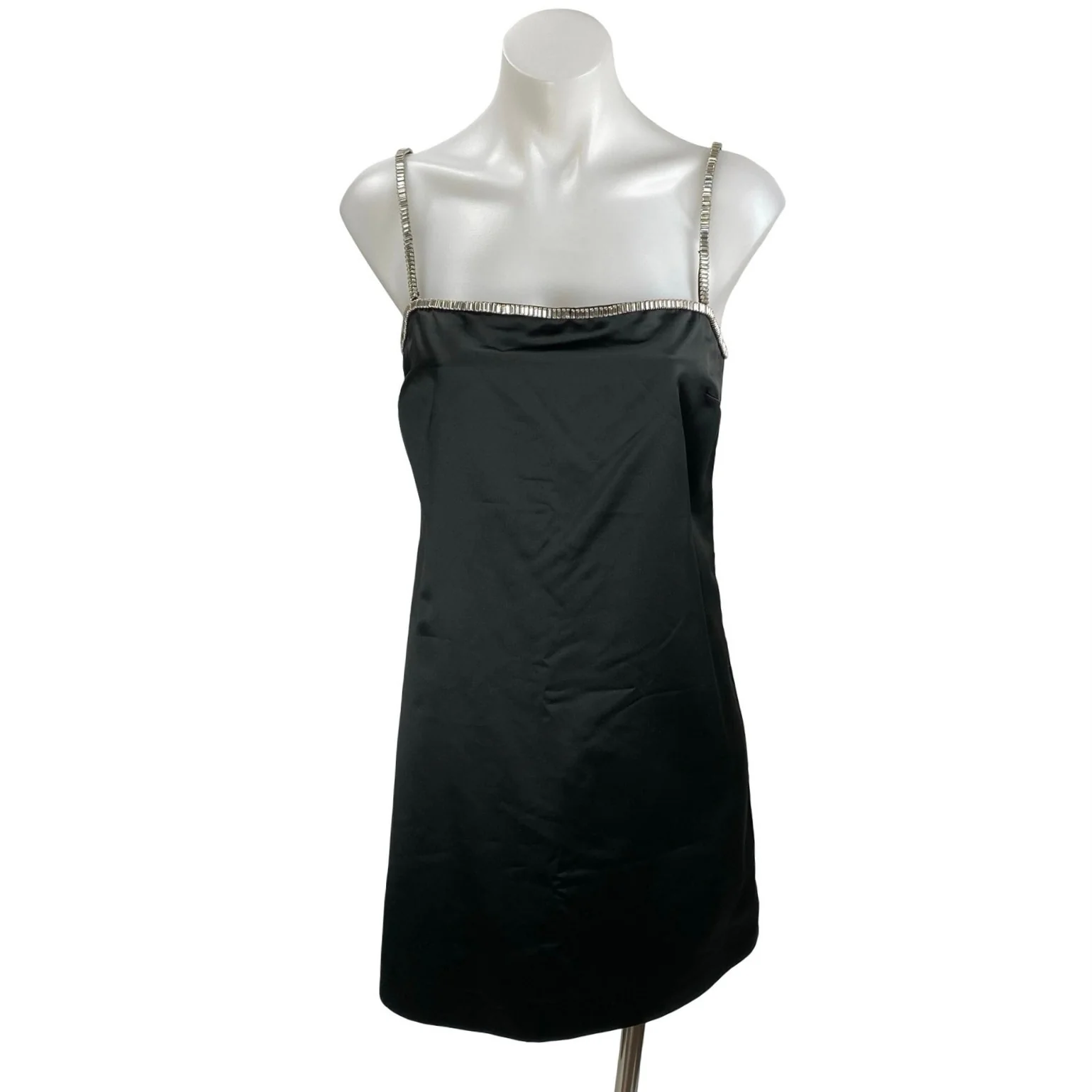 NEW Abercrombie & Fitch Black Satin Rhinestone Mini Cami Tank Shift Slip Dress M