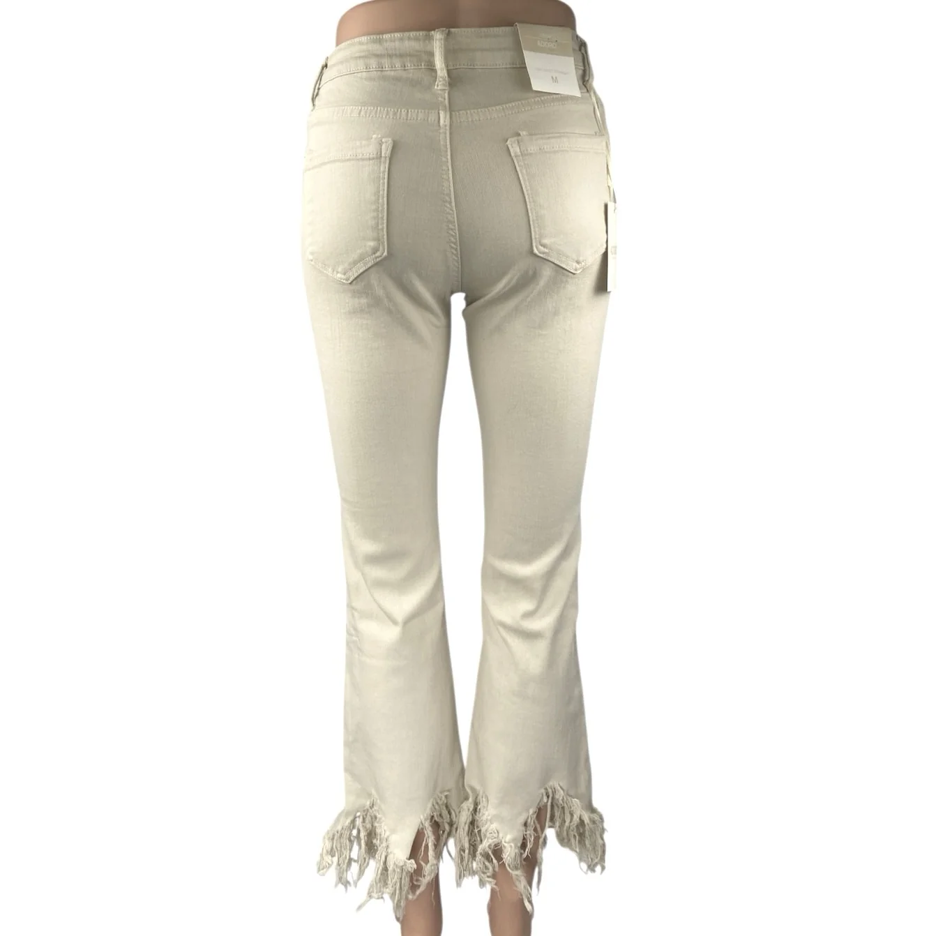 NEW Adoro Beige Frayed Distressed High Waist Straight Flared Denim Jeans Pants M - Image 3