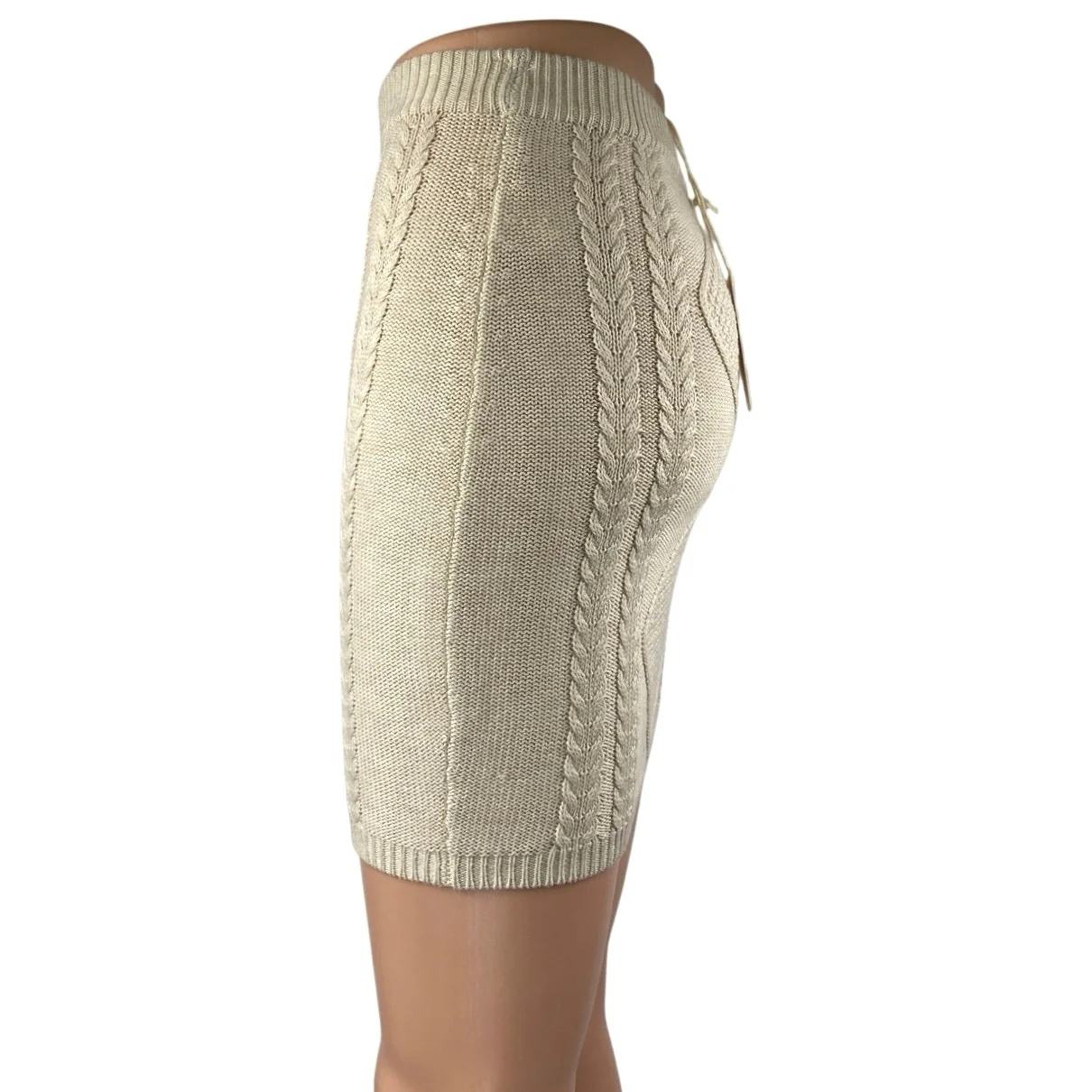NEW Beivy Beige Tan Cable Knit Wool Pull On Fitted Sculpt Pencil Mini Skirt Sz S - Image 2