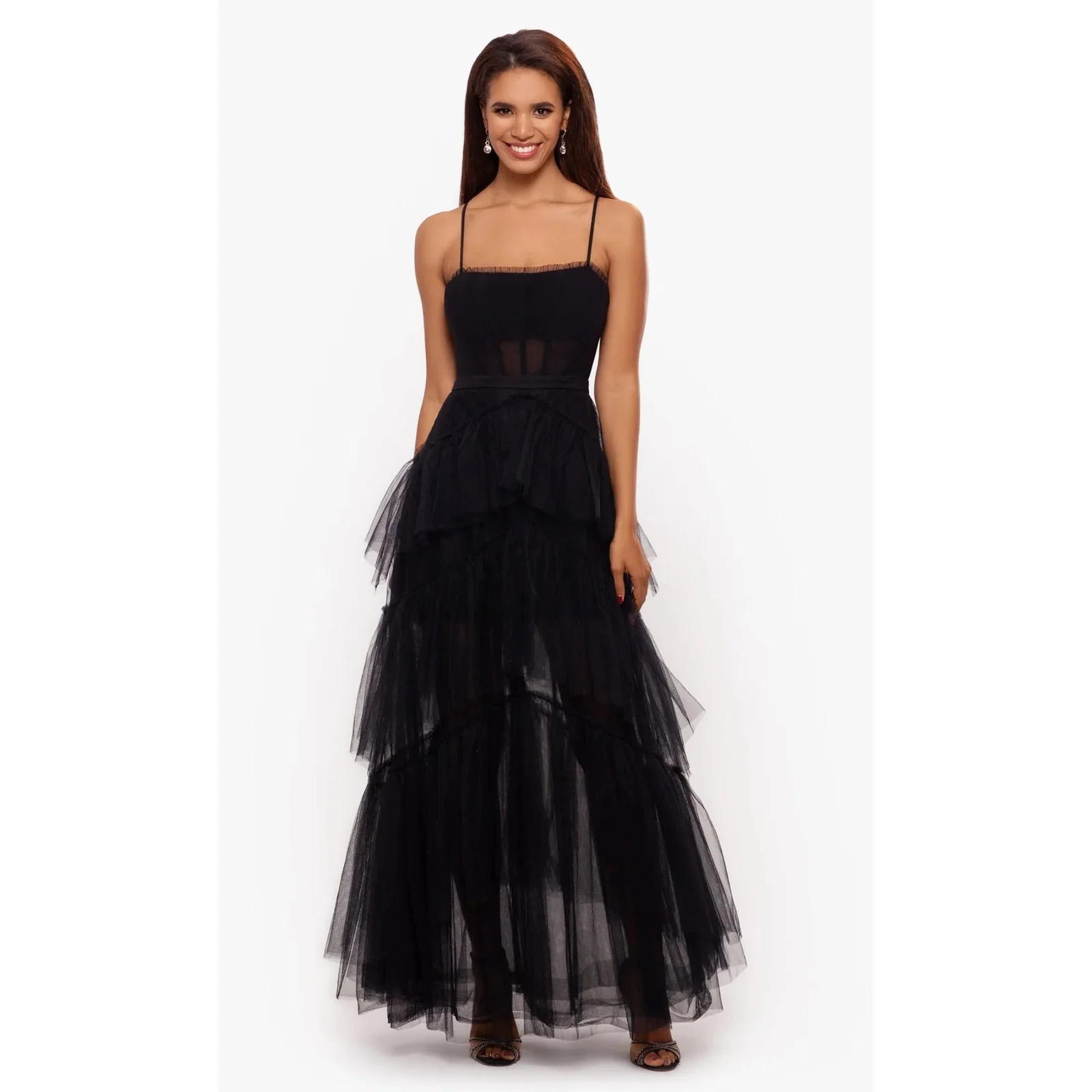 NEW Betsy & Adam Black Sleeveless Sheer Ruffle Tiered Prom Maxi Dress Gown 4 - Image 5