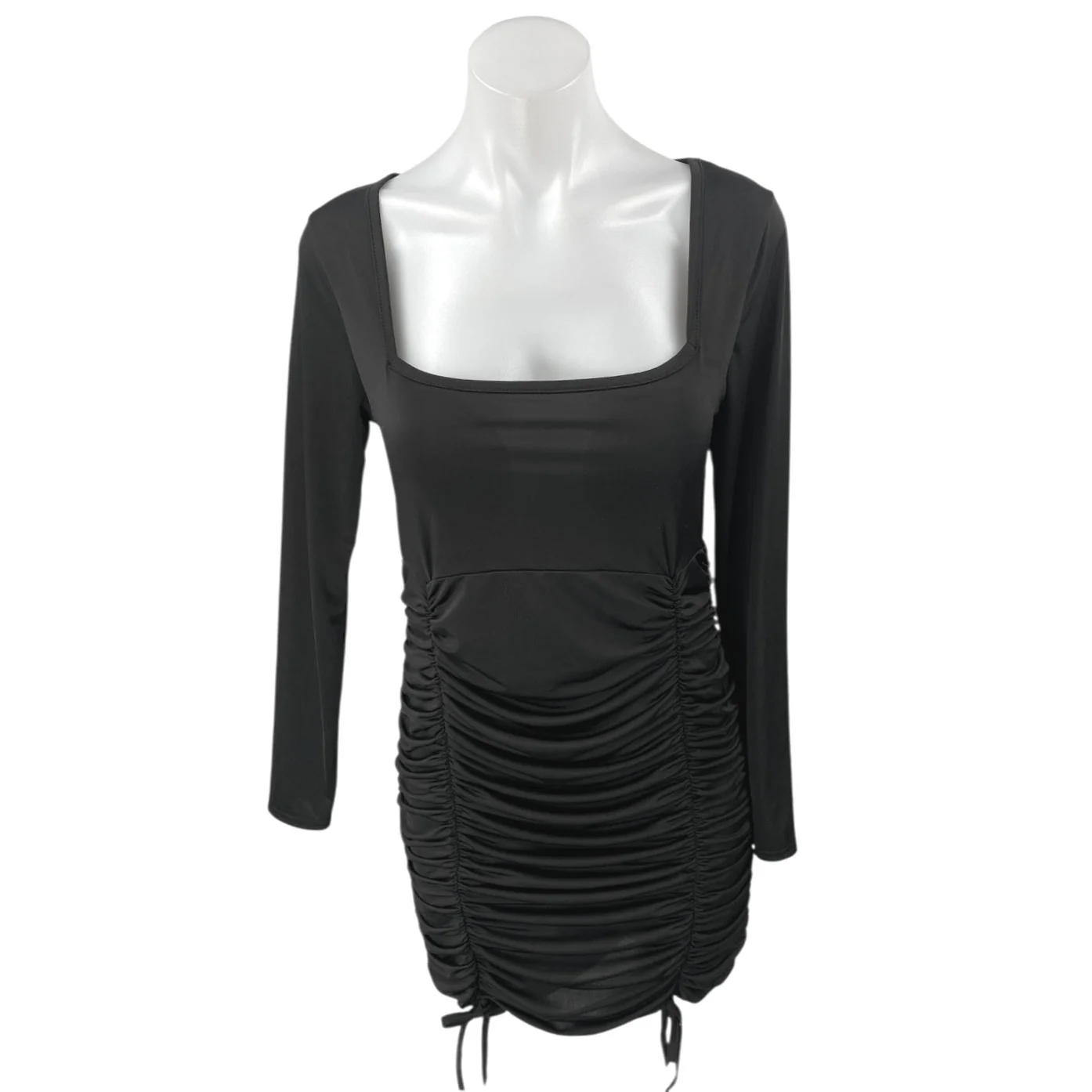 NEW Boohoo Black Long Sleeve Square Neck Ruched Mini Bodycon Dress Size 10