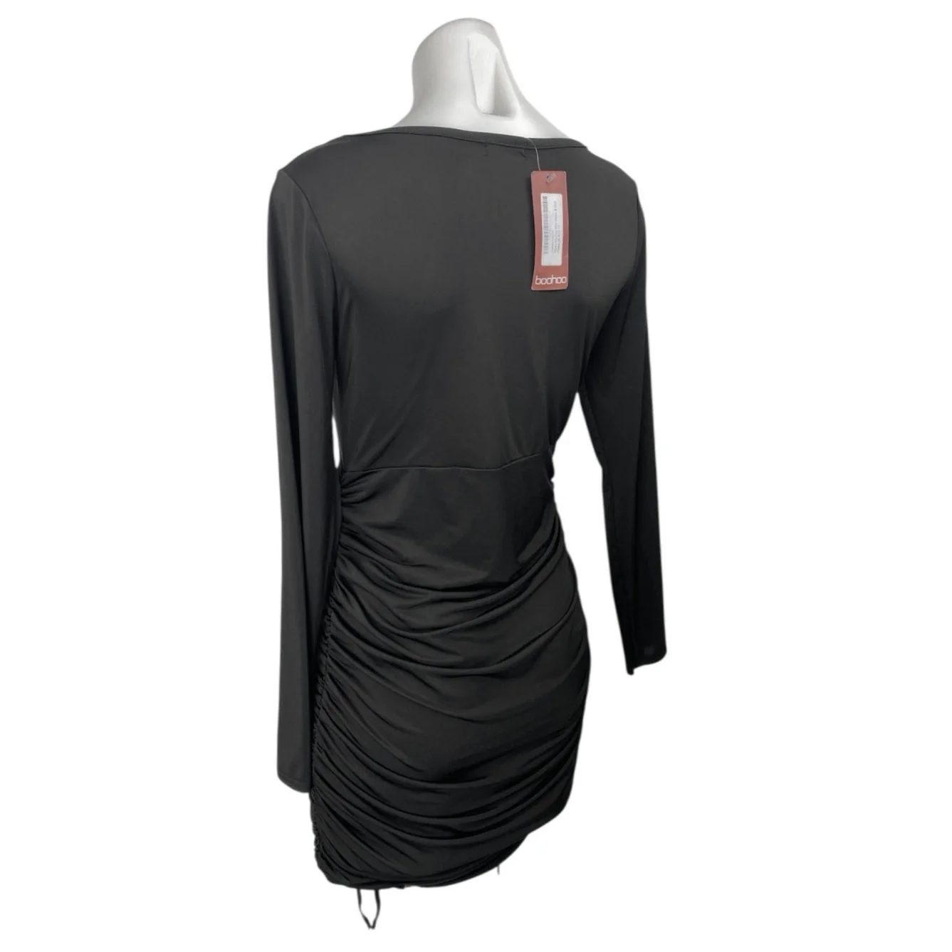 NEW Boohoo Black Long Sleeve Square Neck Ruched Mini Bodycon Dress Size 10 - Image 2