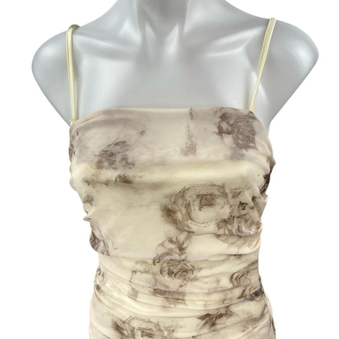 NEW Commense Cream Floral Ruched Sleeveless Cami Camsole Bodycon Tank Dress S - Image 3