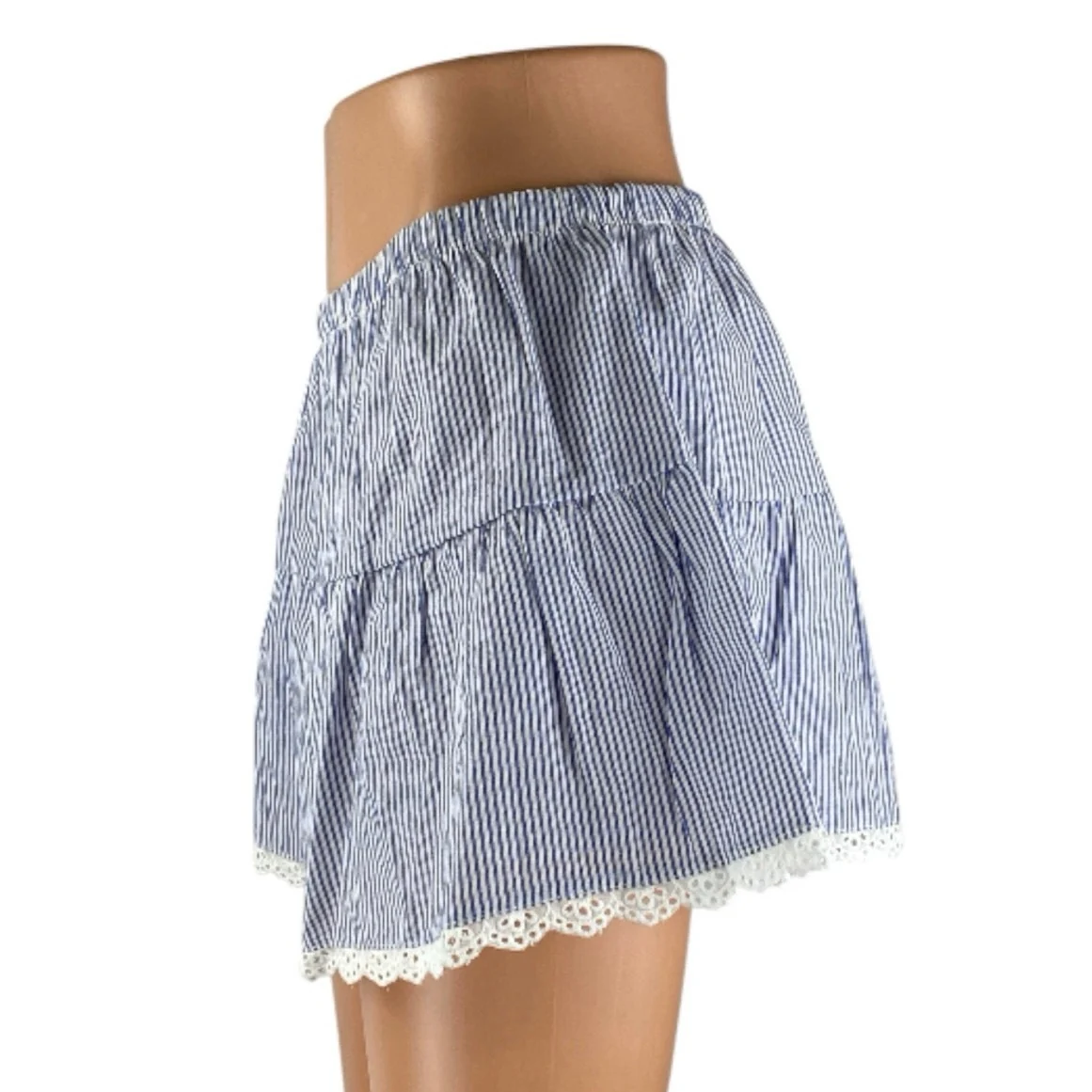NEW Edikted Blue White Seersucker Striped Tiered Lace A Line Mini Skirt Size M - Image 2