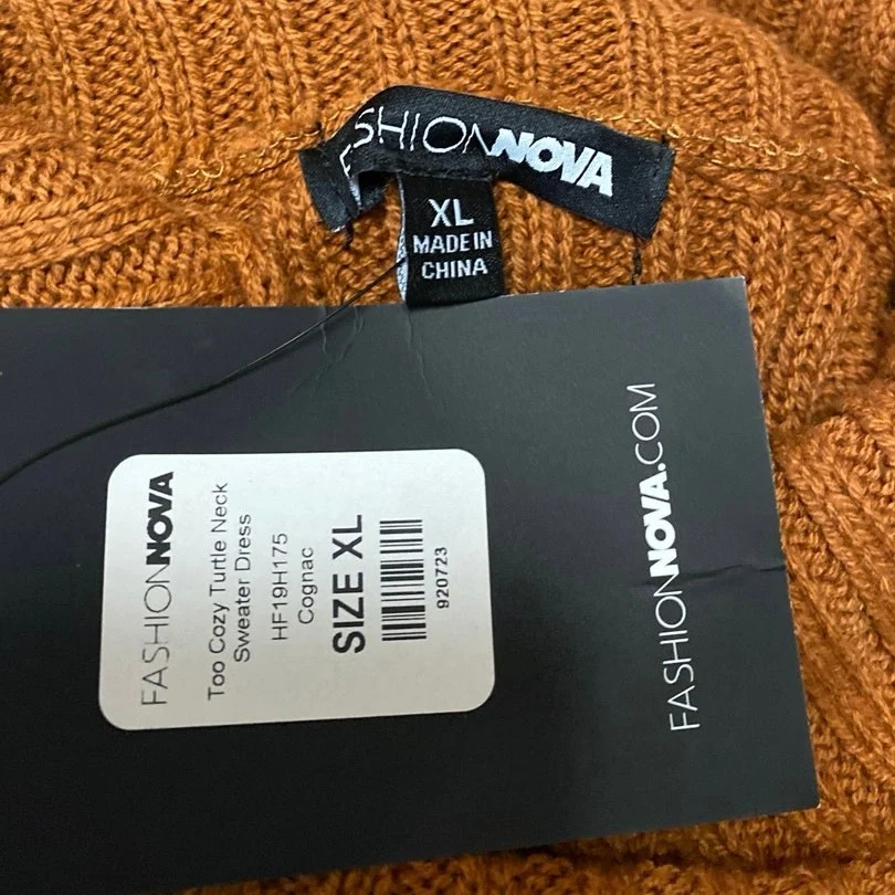 NEW Fashion Nova Brown Cable Knit Long Sleeve Turtleneck Mini Sweater Dress XL - Image 3