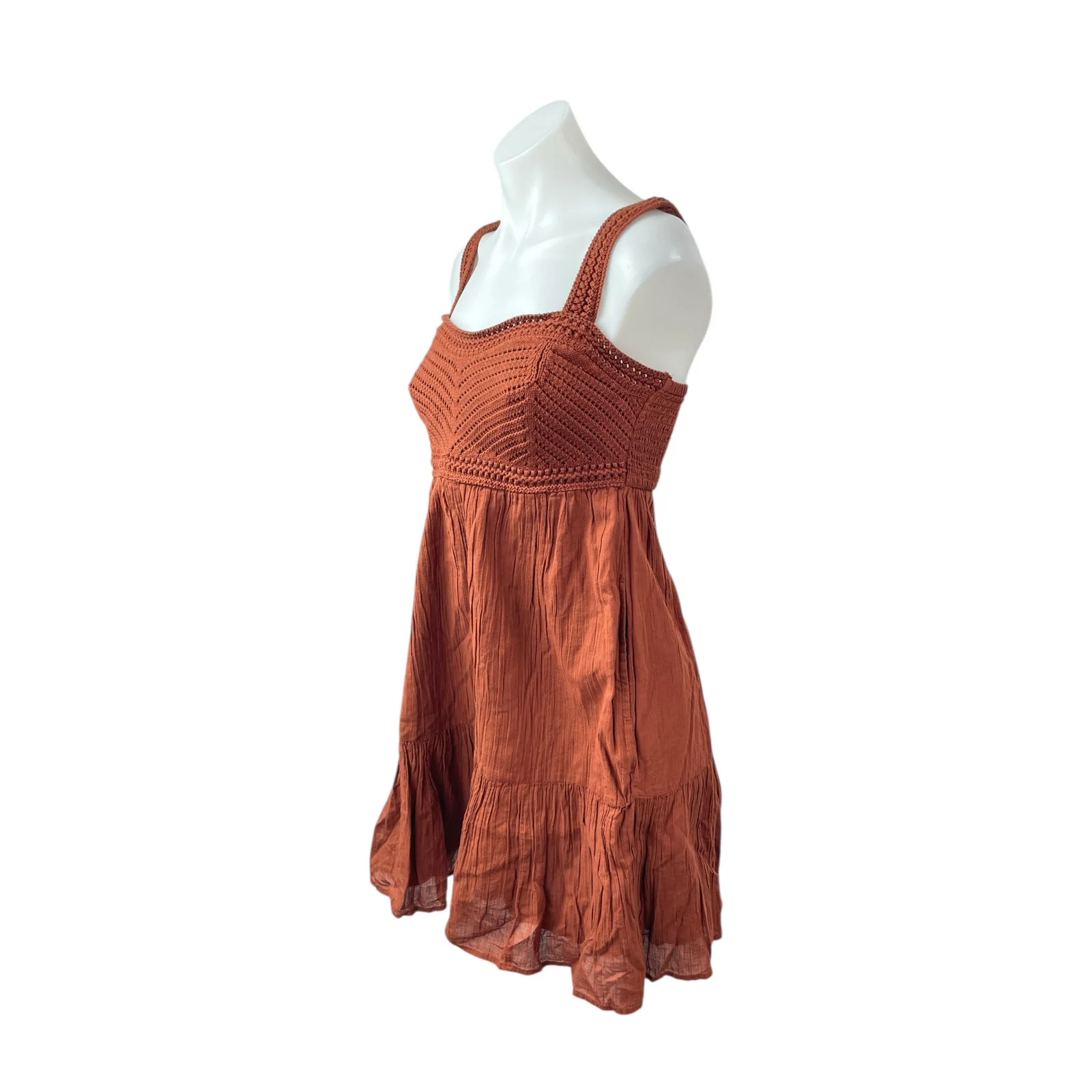 NEW Gap Brown Sleeveless Smocked Crochet Knit Cami Tiered A Line Mini Dress XS - Image 3