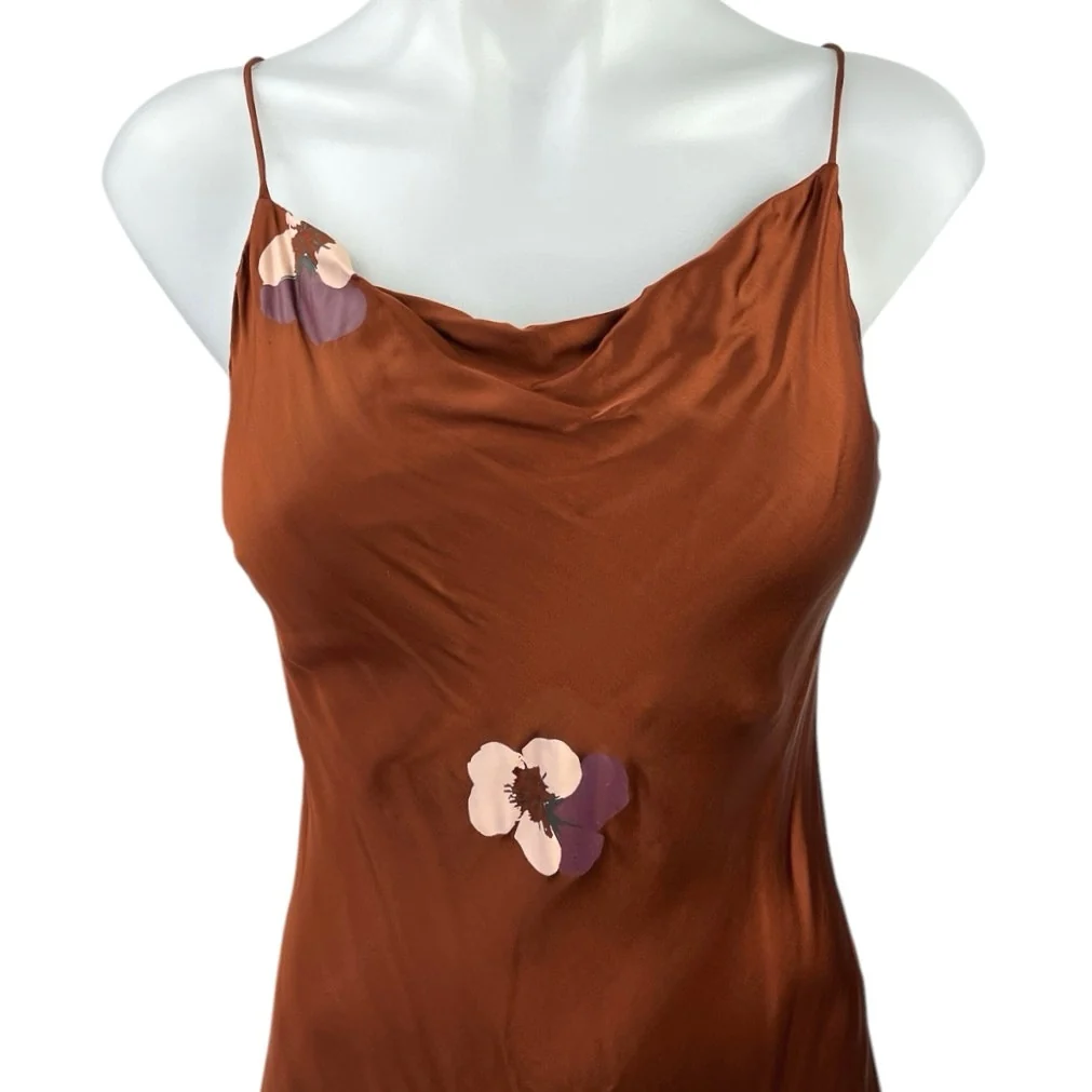 NEW Gillia Brown Silk Satin Floral Cowl Neck Cutout Back Slip Maxi Dress Size M - Image 3