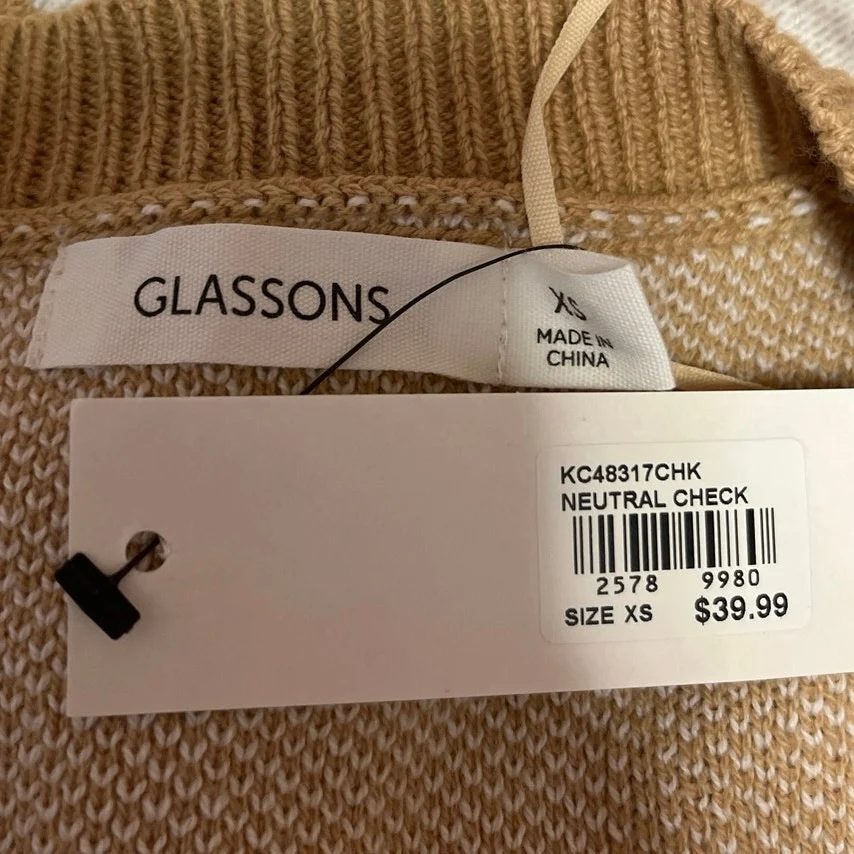 NEW Glassons Tan White Knit Neutral Check V Neck Cardigan Sweater Top Size XS - Image 3