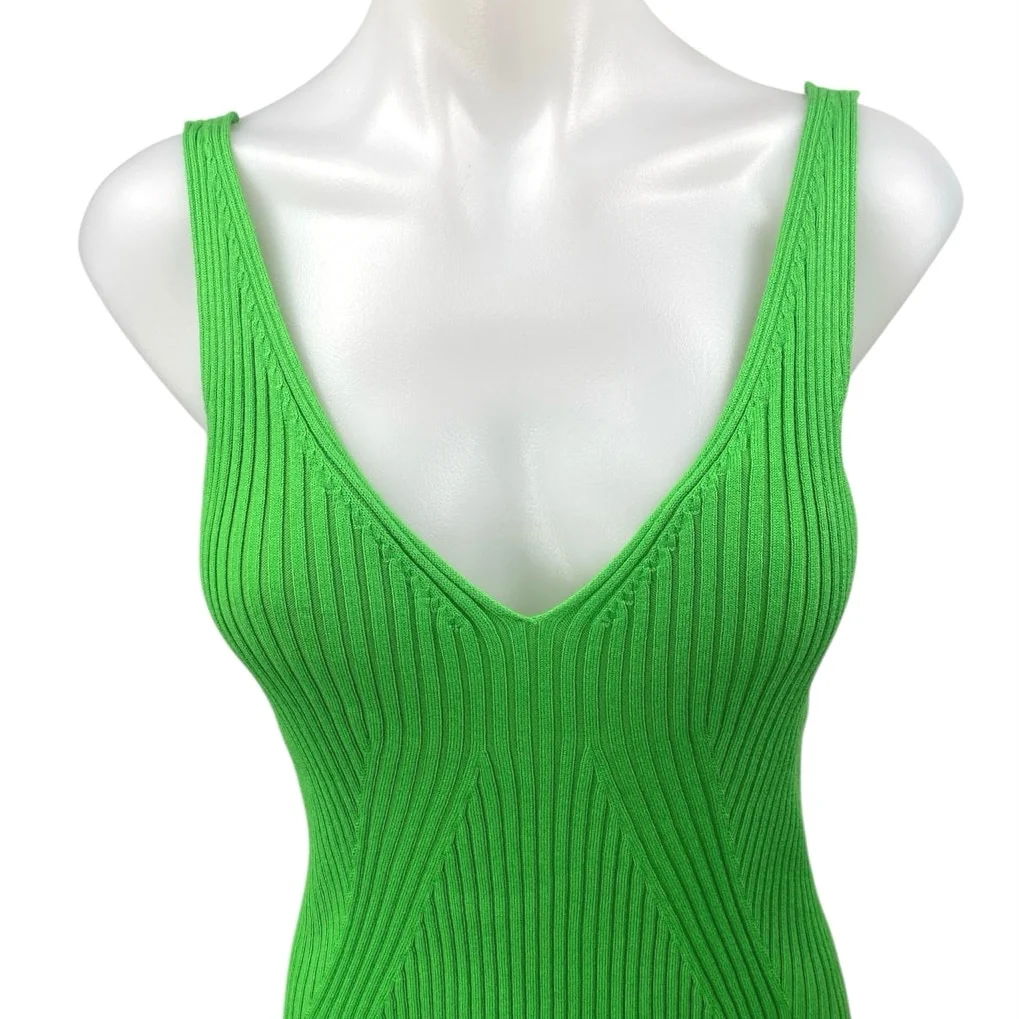 NEW H&M Green Rib Knit Sleeveless V-Neck Cami Camisole Midi Bodycon Tank Dress M - Image 3