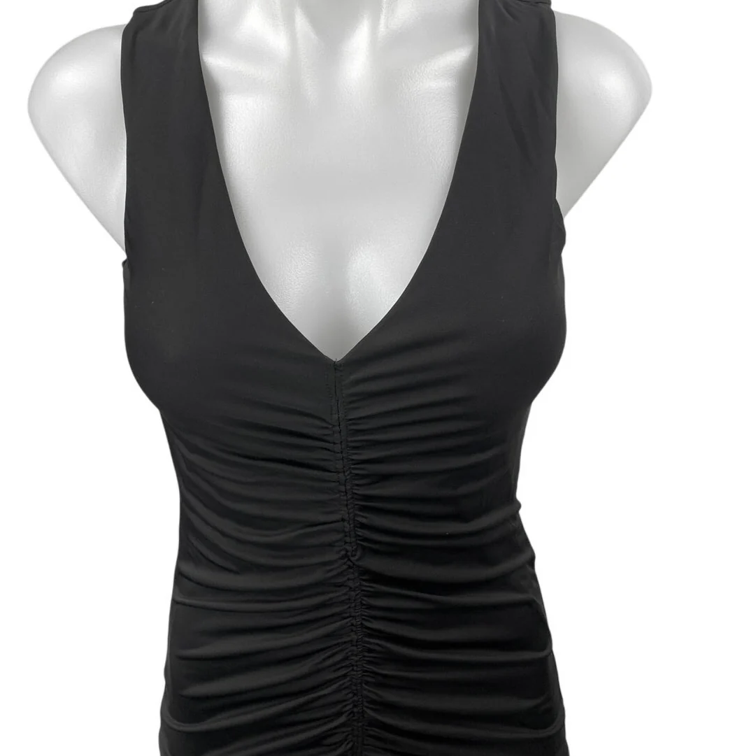 NEW International Concept Black Ruched Sleeveless Midi Bodycon Tank Dress Sz XS - Image 3