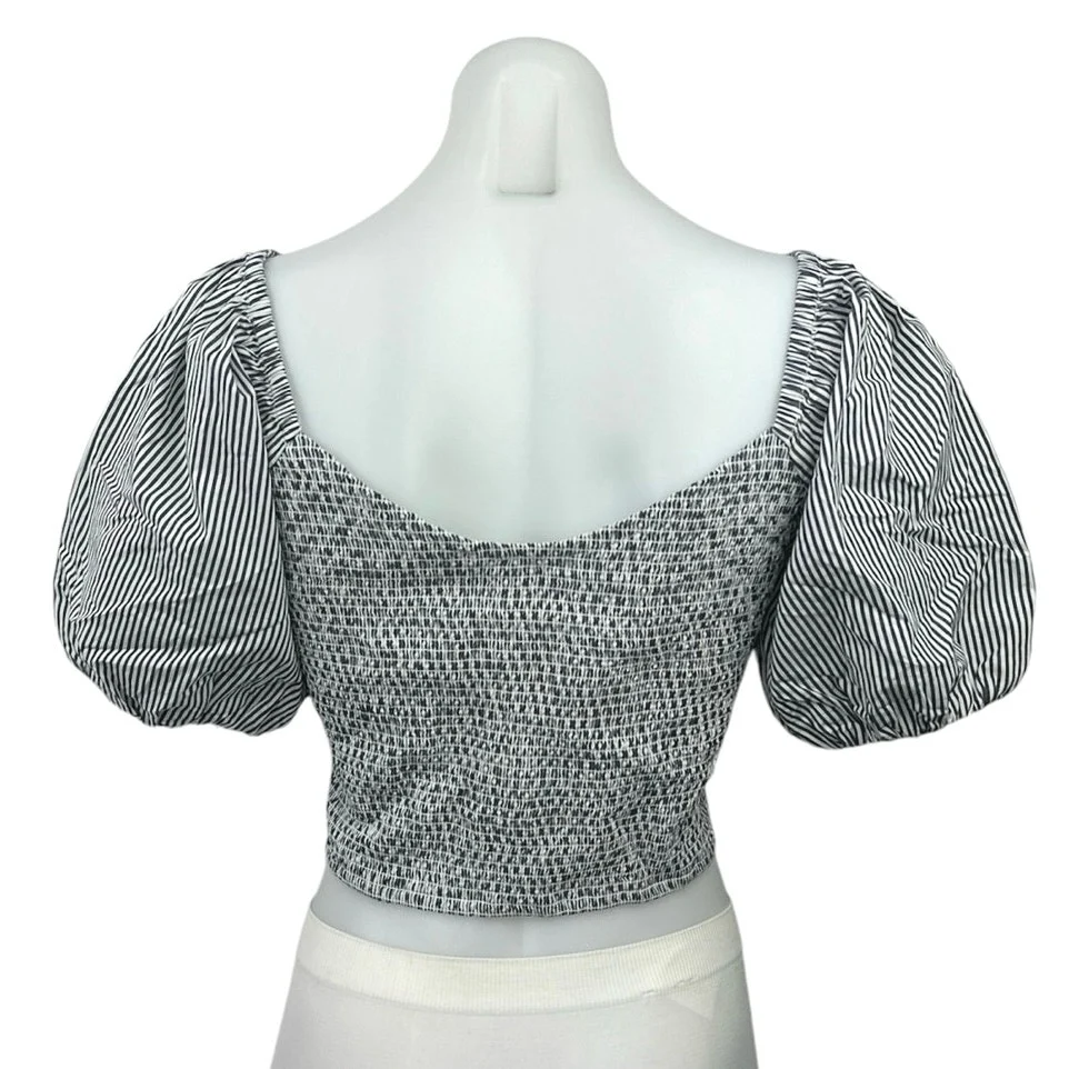 NEW J.Crew White Striped Sweetheart Neck Short Balloon Sleeve Smocked Crop Top M - Image 2