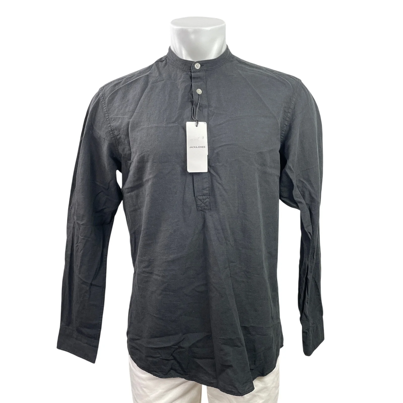 NEW Jack & Jones Men's Black Long Sleeve Collarless Henley Shirt Top Size L