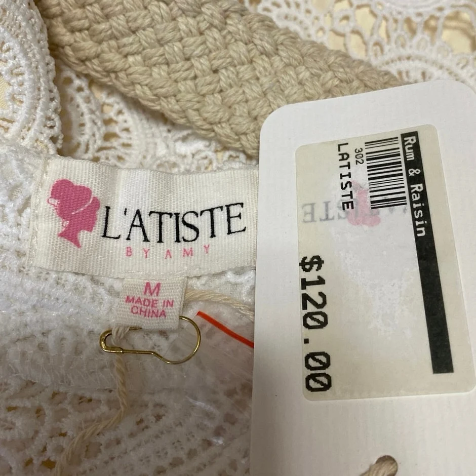 NEW L'atiste White Paisley Lace Long Sleeve Belted Midi A-Line Shirt Dress Sz M - Image 6