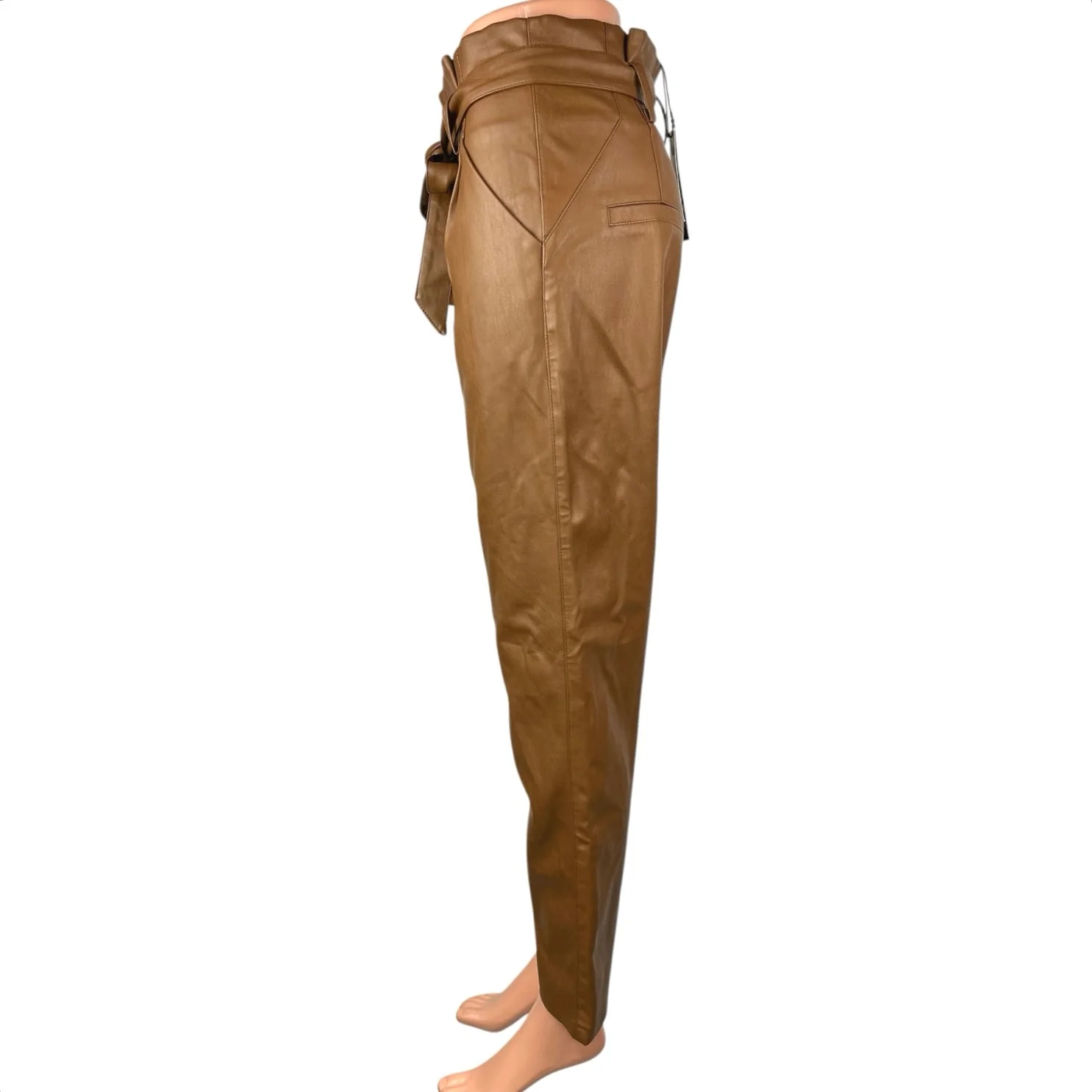 NEW Lucy Paris Brown Faux Vegan Leather High Waist Tie Belt Trousers Pants Sz S - Image 2