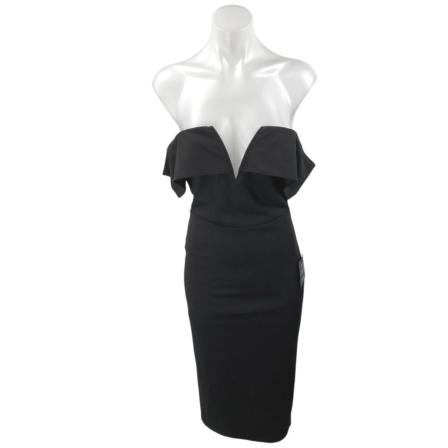 NEW Lulus Black Off The Shoulder V-neck Strapless Midi Bodycon Shealh Dress Sz S