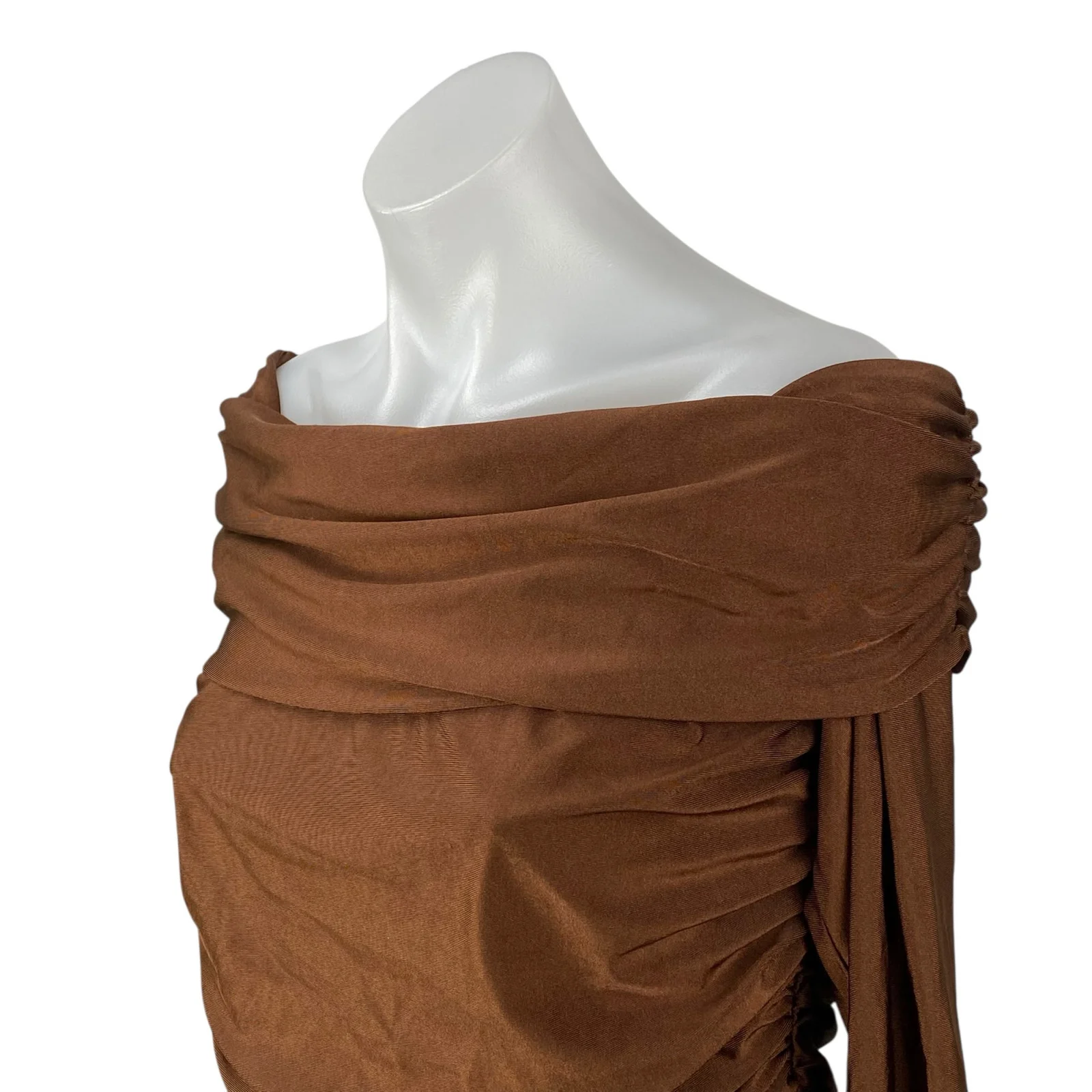 NEW Lulus Brown Ruched Draped Off the Shoulder Long Sleeve Mini Bodycon Dress XL - Image 2