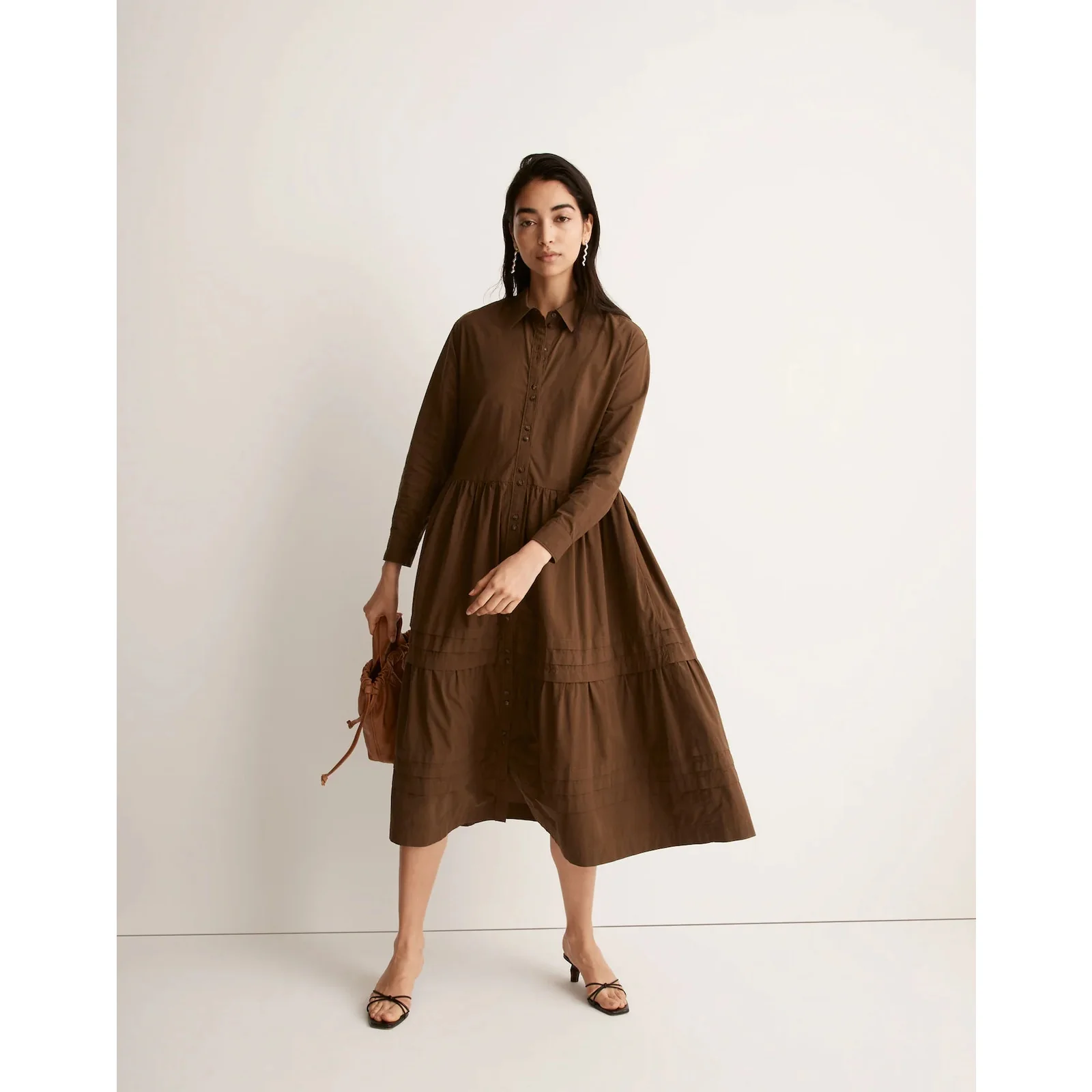 NEW Madewell Brown Pleated Long Sleeve Tiered A Line Midi Shirt Dress Size L - Image 3