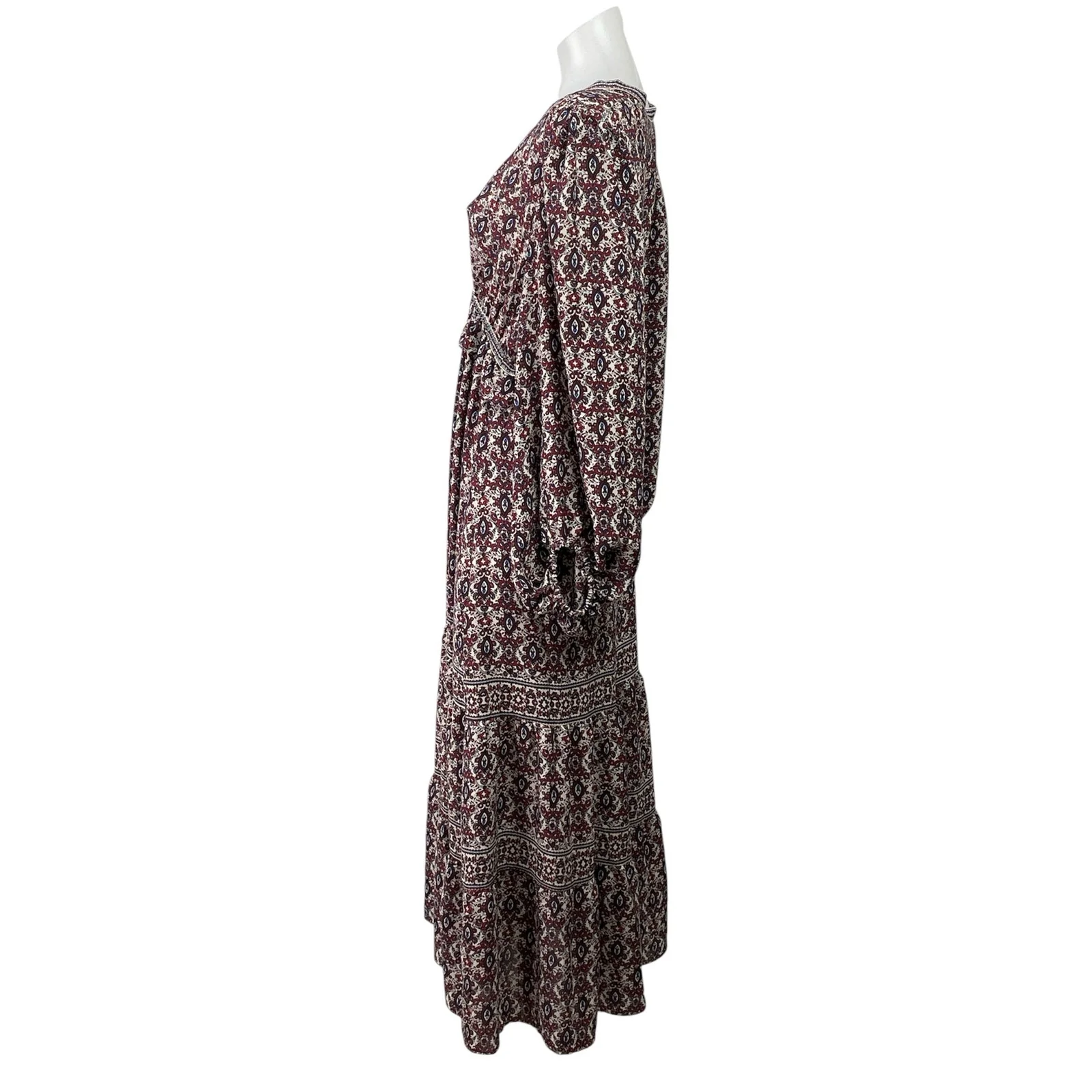 NEW Max Studio Brown Paisley Floral Long Sleeve VNeck Tiered A Line Maxi Dress L - Image 2