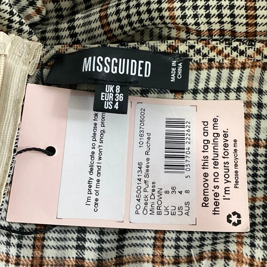 NEW Missguided Brown Checkered Plaid Puff Sleeve Ruched Mini Bodycon Dress Sz 4 - Image 4