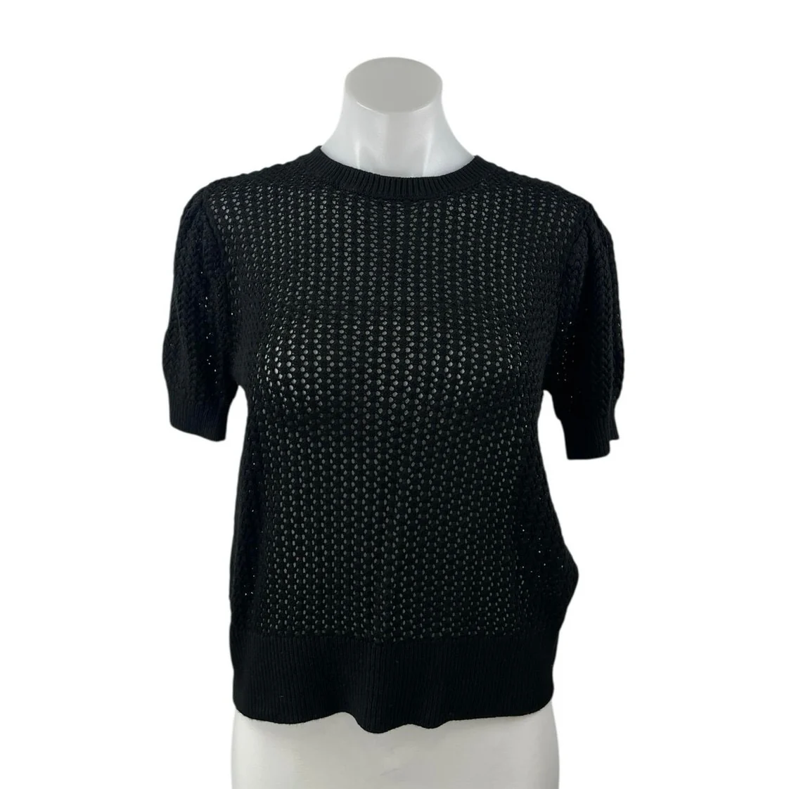 NEW Muse Black Crochet Knit Crewneck Short Puff Sleeve Crop Sweater Top Size M