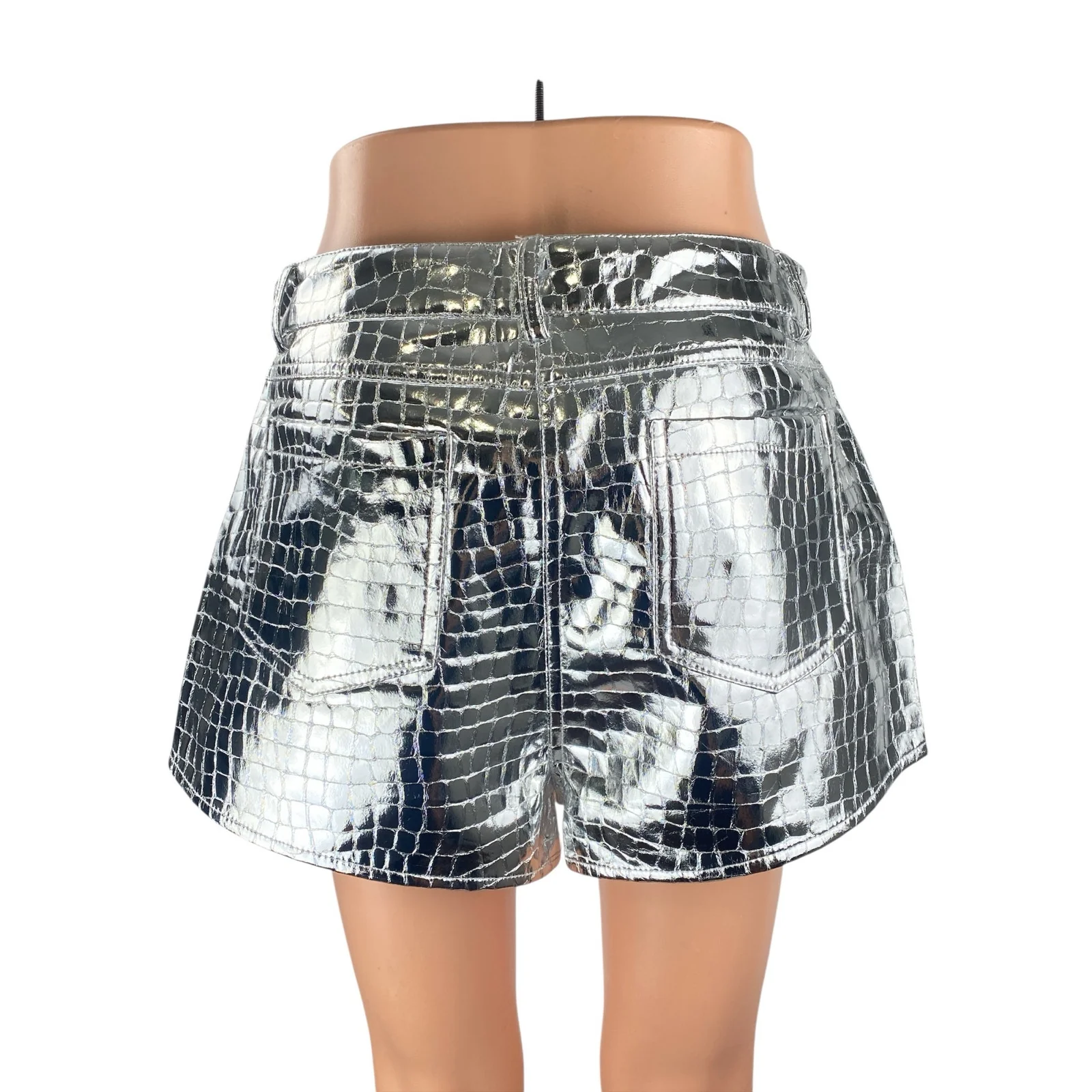 NEW Nasty Gal Women's Silver Metallic Croc Faux Leather High Rise Mom Shorts 8 - Image 4