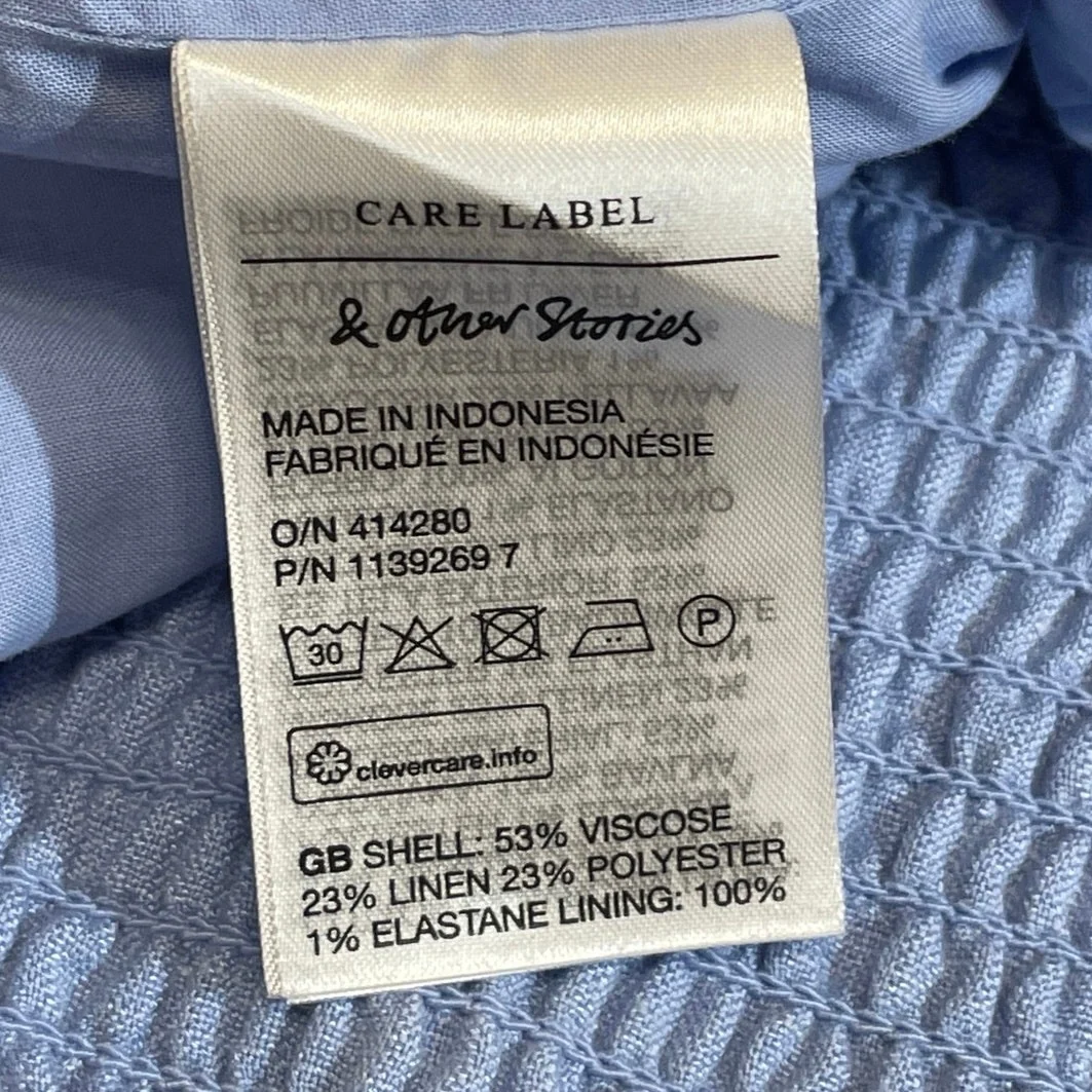 NEW & Other Stories Blue Linen Puff Sleeve Smocked Slim Crop Corset Blouse Top 8 - Image 6