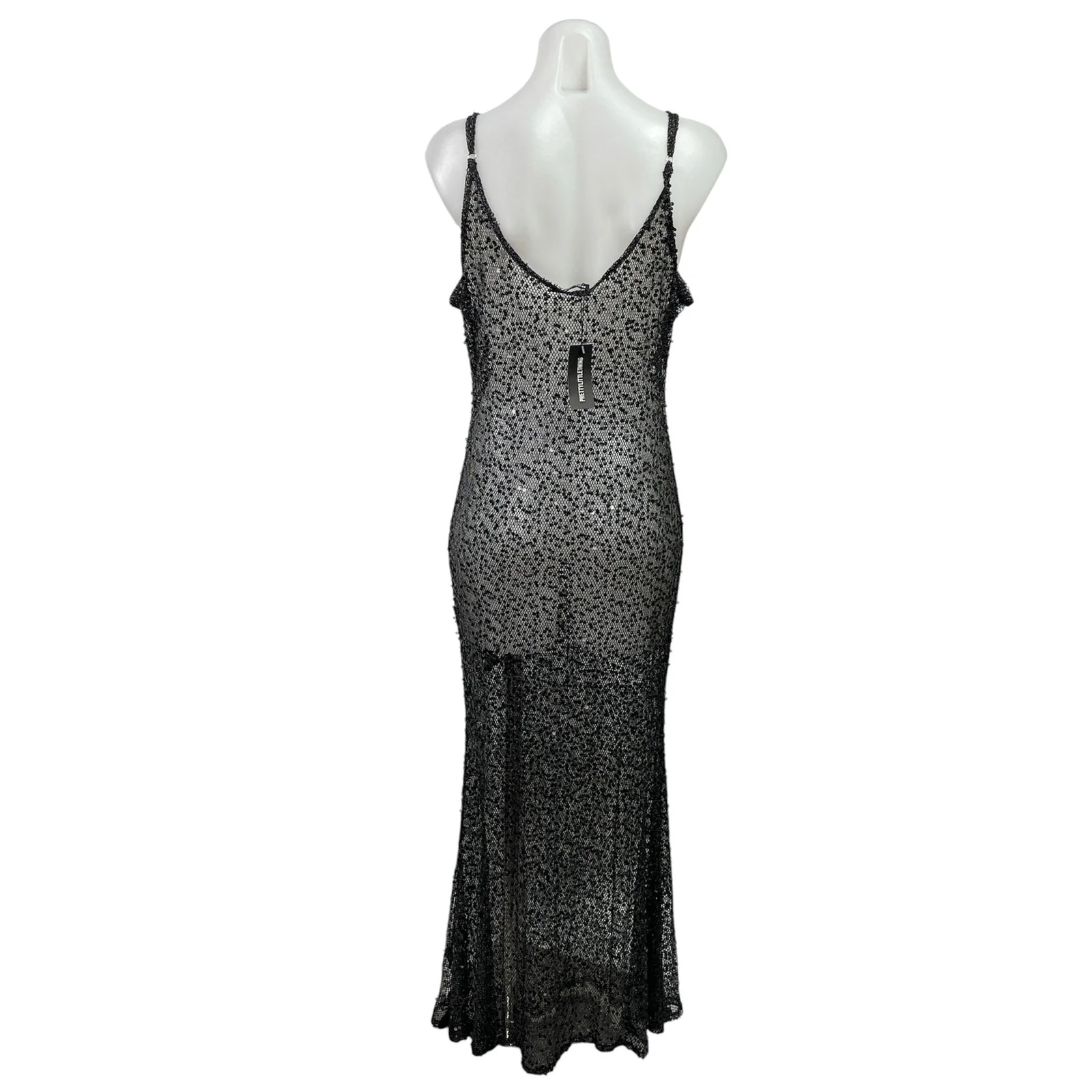 NEW PrettyLittleThing Black Sequin V Neck Sheer Cami Tank Maxi Dress Size 12 - Image 3