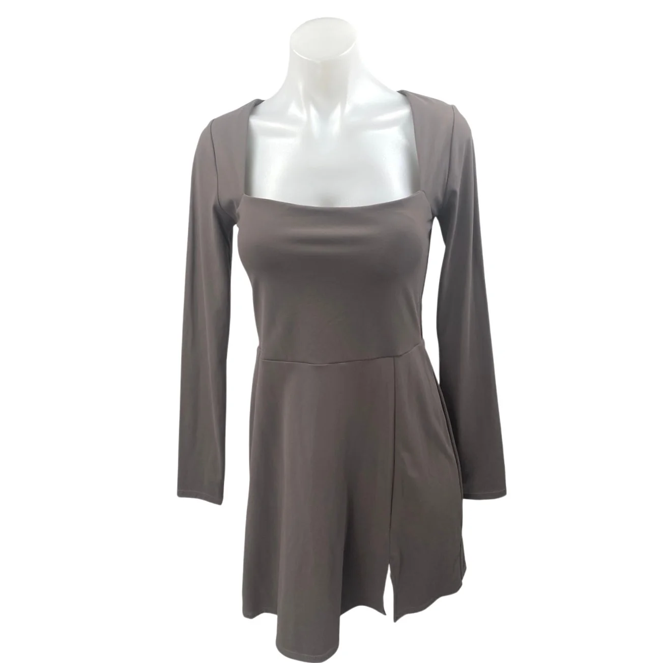 NEW Qinsen Gray Long Sleeve Square Neck Slit A Line Skater Mini Dress Size 8