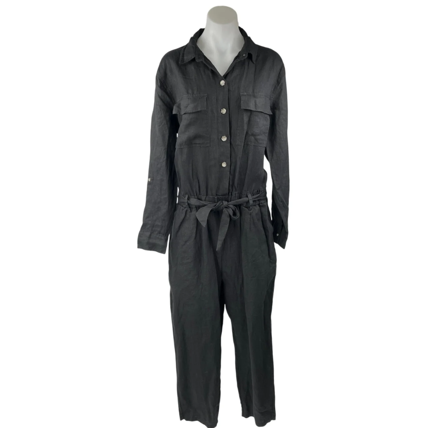 NEW Saks Fifth Avenue 100% Linen Black Long Sleeve Button Up Romper Jumpsuit L