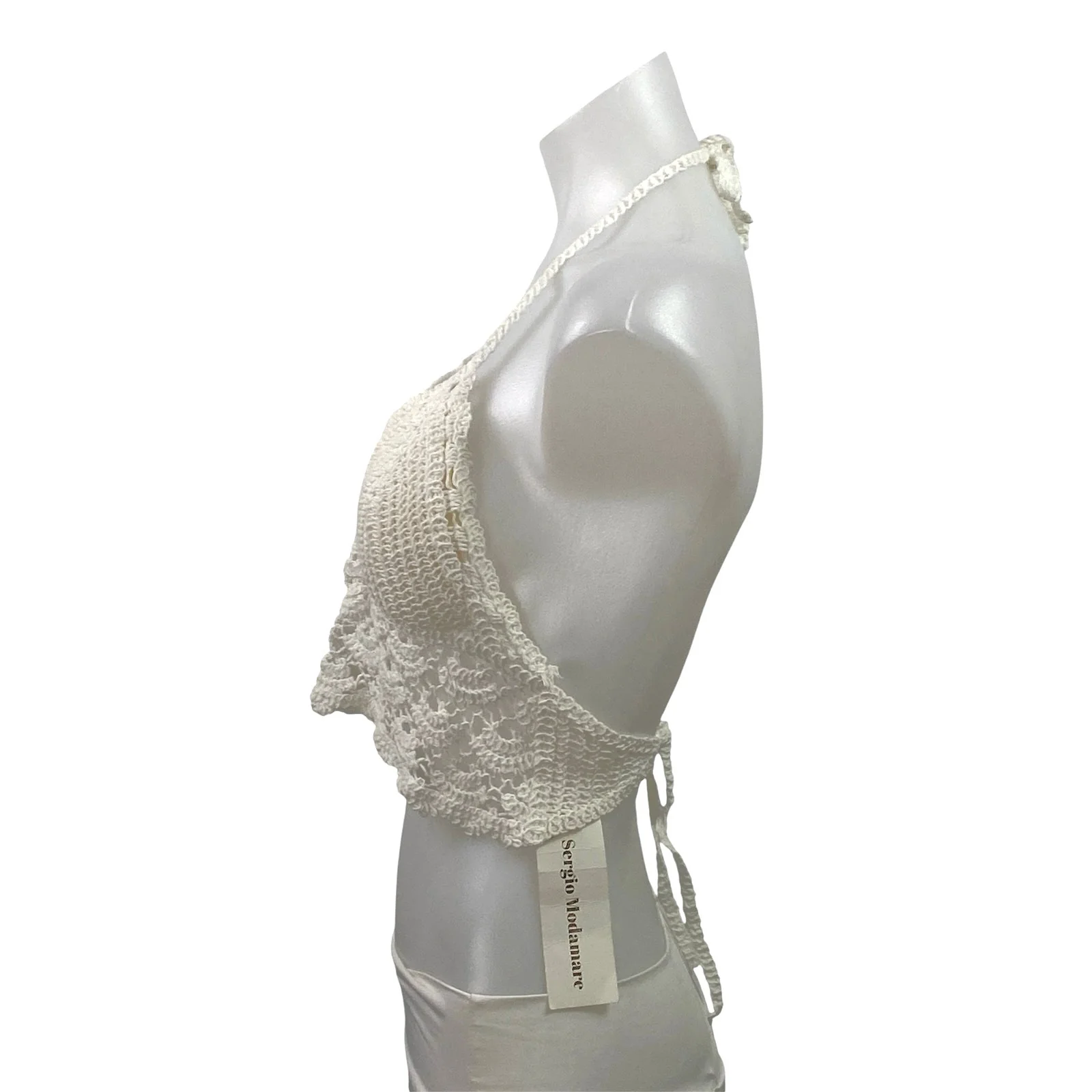 NEW Sergio Modamare White Crochet Knit Halter Tie Open Back Boho Crop Top Size S - Image 2