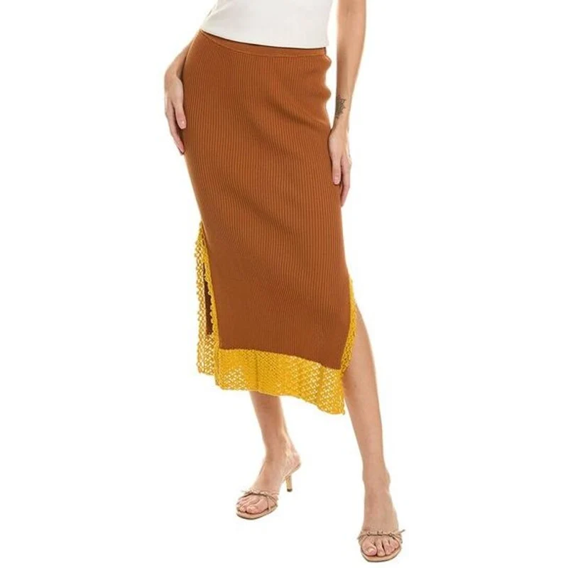 NEW Staud Oceanside Tan Gold Ribbed Knit Lace Pull On Slit Midi Skirt Size S - Image 3