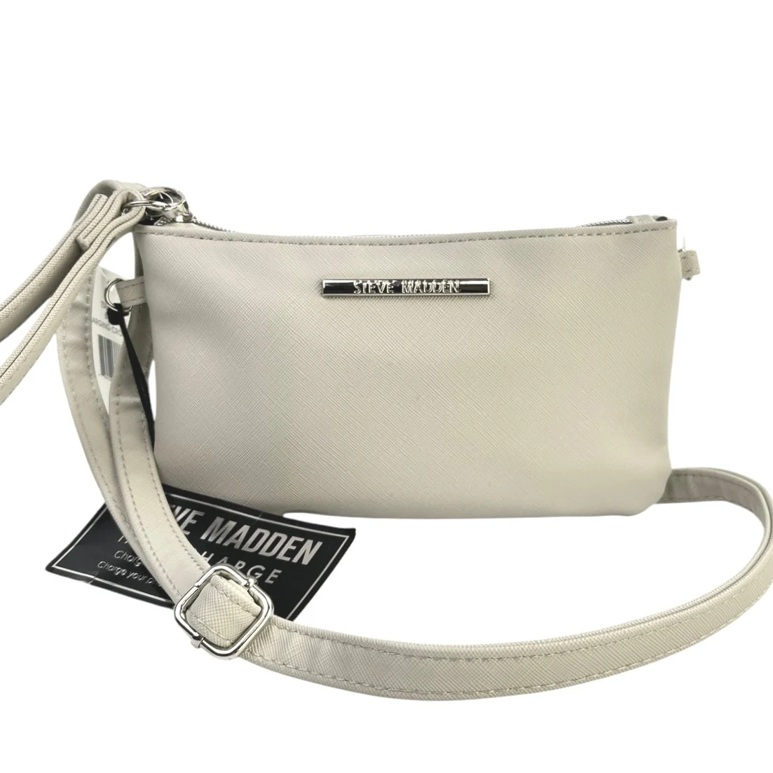 NEW Steve Madden Take Charge White Leather Zip Charging Crossbody Wristlet Bag