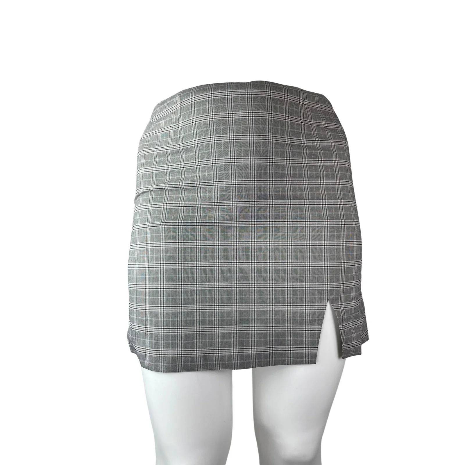 NEW Wayf Women's Gray Plaid Flannel Tartan Slit High Waist Mini Pencil Skirt XL