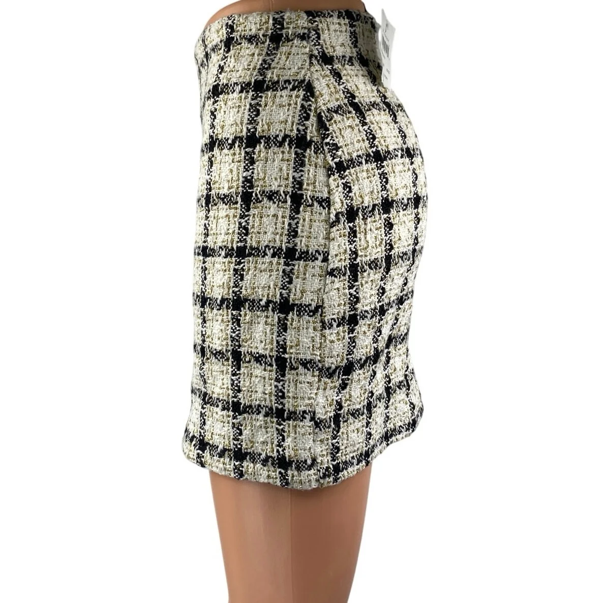 NEW Windsor Ivory Black Gold Metallic Tweed Plaid Mini Pencil Skirt Size S - Image 2
