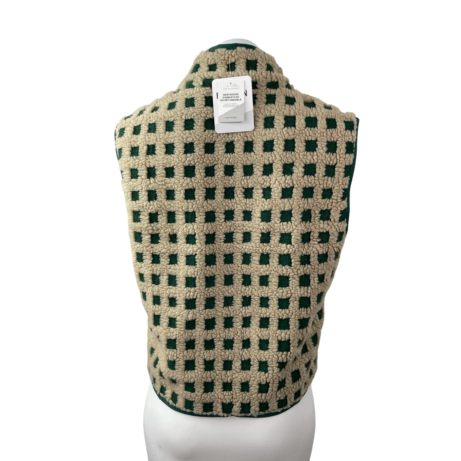 NEW Women's Checkered Sherpa Fleece High Neck Sweater Vest Coat Jacket Top S/M - Image 4