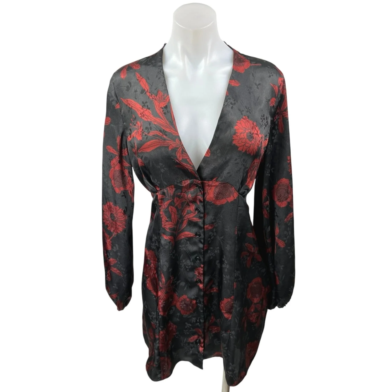 NEW Zara Black Red Floral Silk Satin Long Sleeve V-neck Mini Fit & Flare Dress L