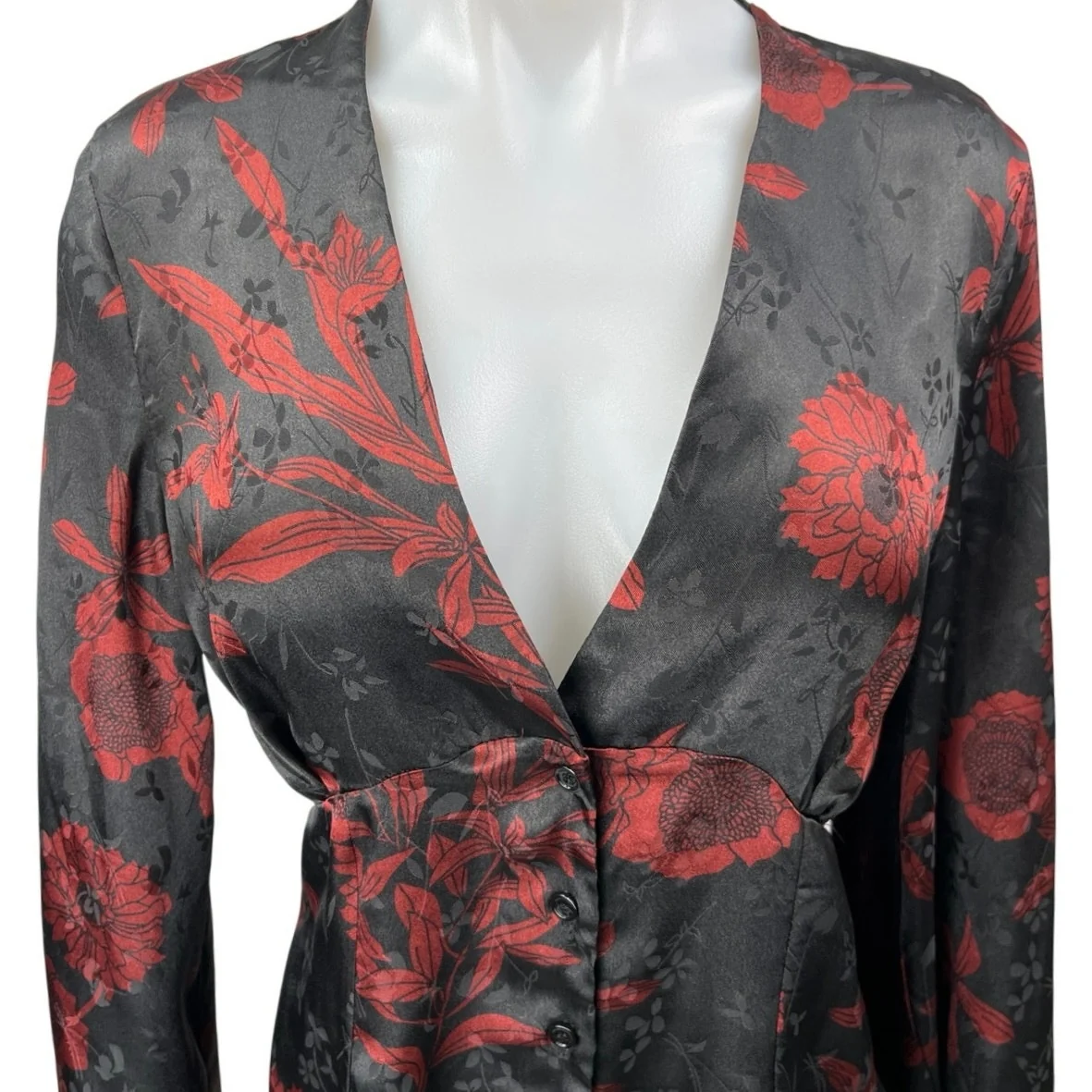 NEW Zara Black Red Floral Silk Satin Long Sleeve V-neck Mini Fit & Flare Dress L - Image 10