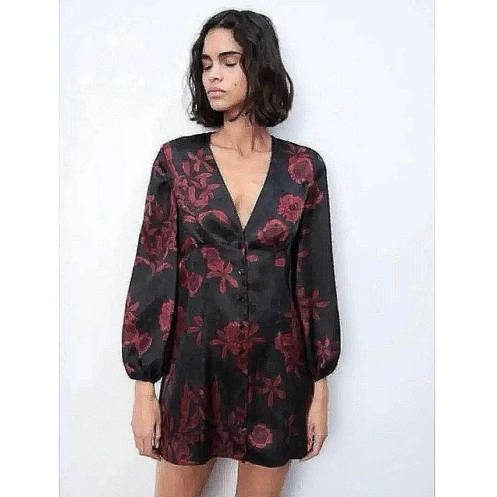 NEW Zara Black Red Floral Silk Satin Long Sleeve V-neck Mini Fit & Flare Dress L - Image 4