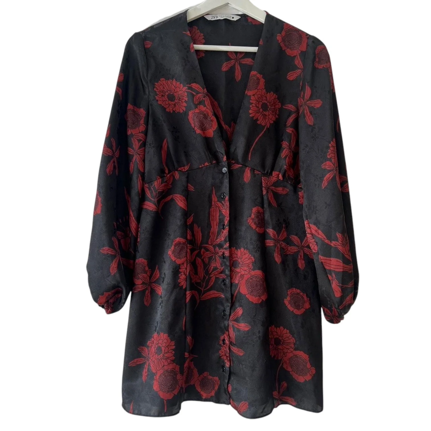 NEW Zara Black Red Floral Silk Satin Long Sleeve V-neck Mini Fit & Flare Dress L - Image 6
