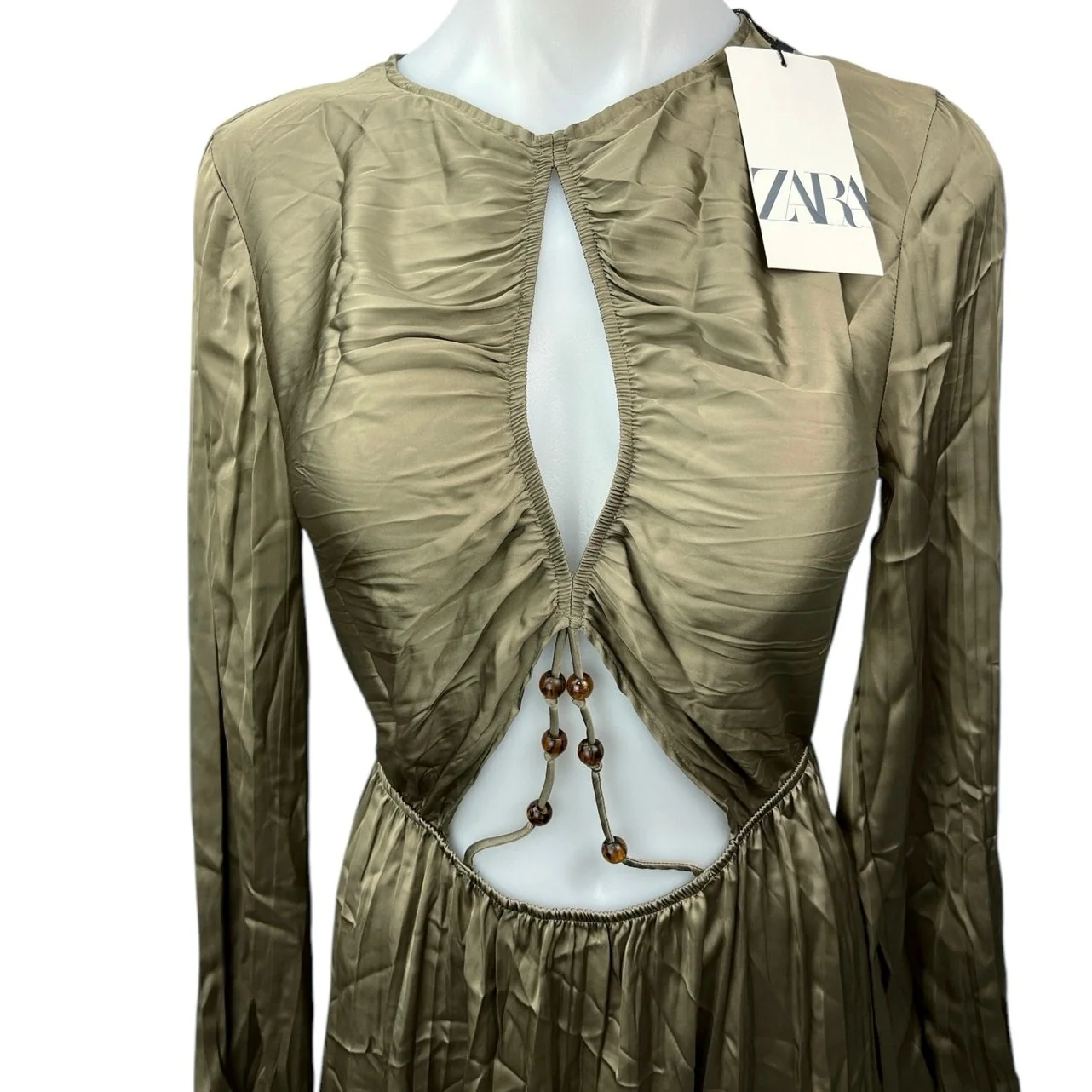 NEW Zara Khaki Olive Green Silky Satin Cutout Long Sleeve Midi Maxi Dress Sz XS - Image 3