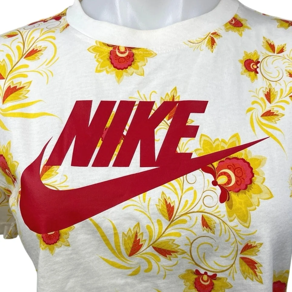 Nike Women's White Yellow Red Floral Logo Crew Neck T Shirt Tee Crop Top Size XS - Image 3