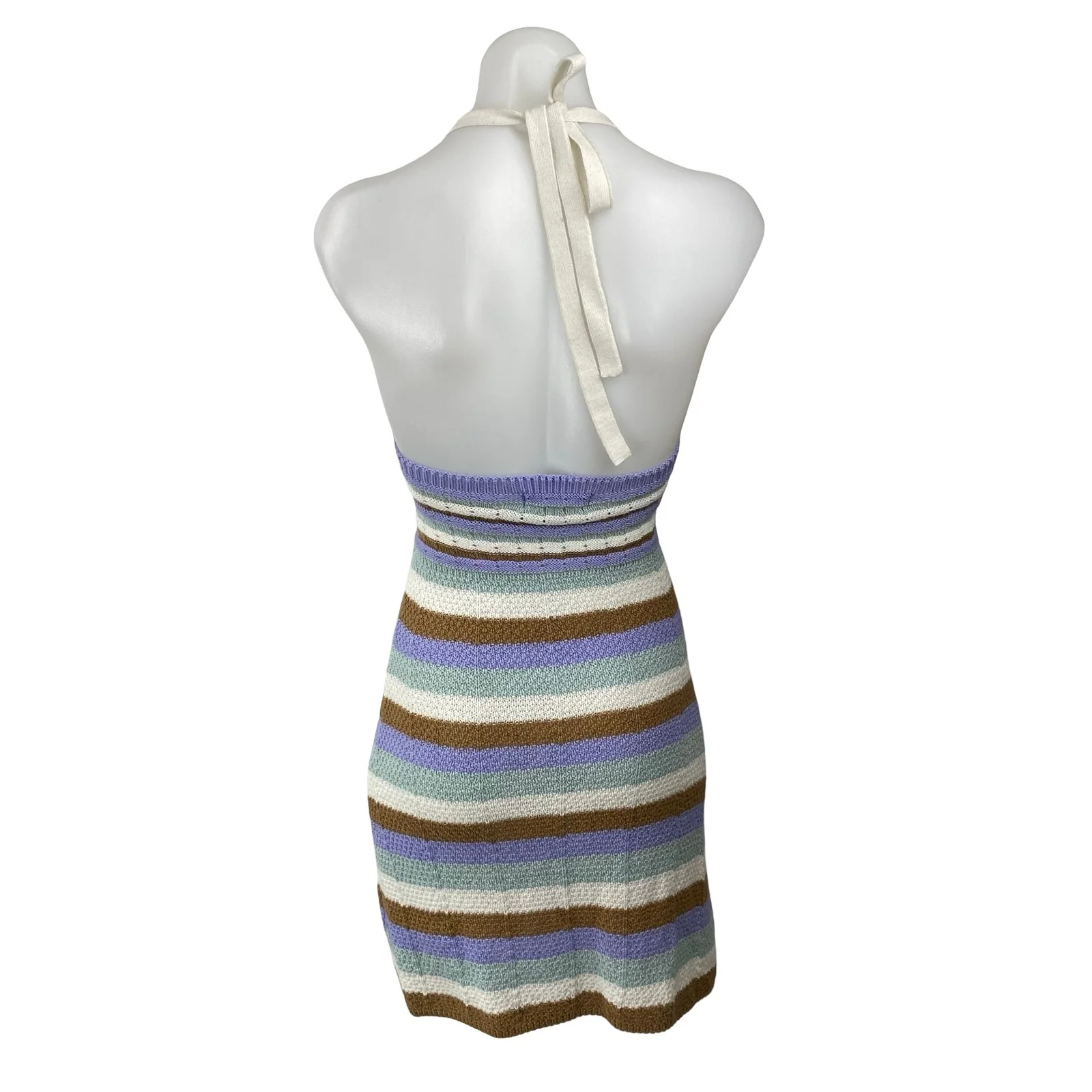 No Comment Multicolor Striped Knit Halter Backless V Neck Mini Bodycon Dress S - Image 4
