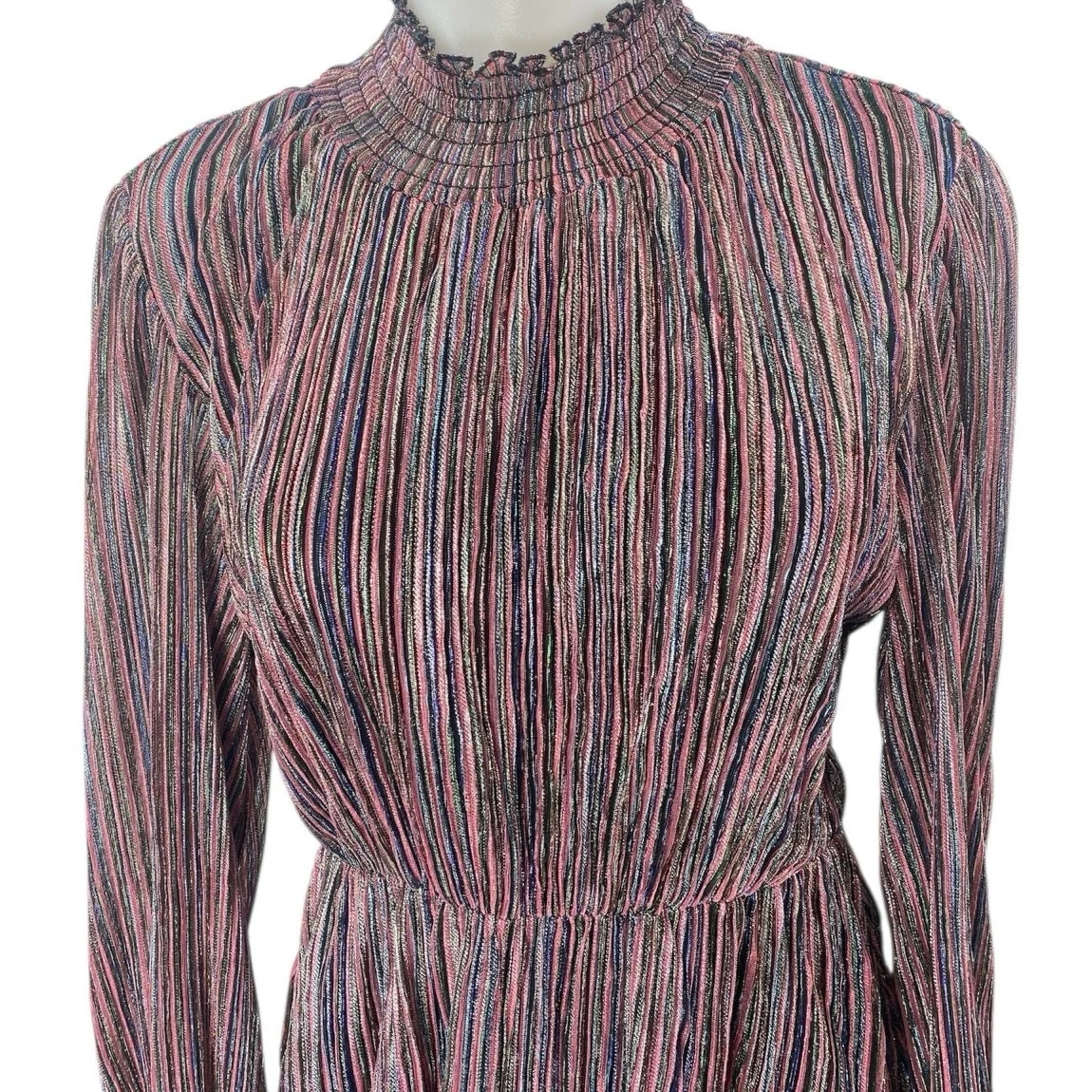 O.P.T Multicolor Metallic Striped Long Sleeve Mock Neck Mini Fit & Flare Dress L - Image 3