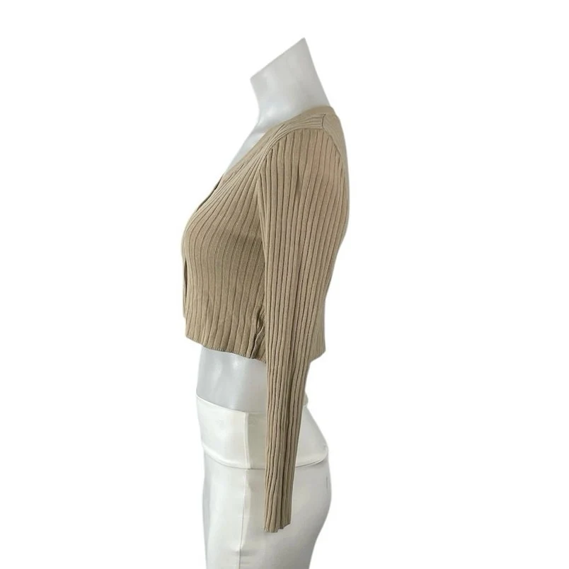 Oak + Fort Tan Ribbed Knit V Neck Long Sleeve Crop Button Up Cardigan Sweater XS - Image 2