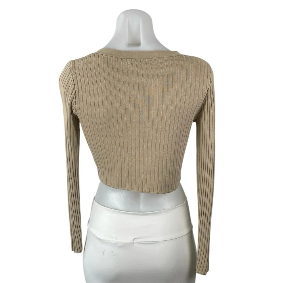 Oak + Fort Tan Ribbed Knit V Neck Long Sleeve Crop Button Up Cardigan Sweater XS - Image 3
