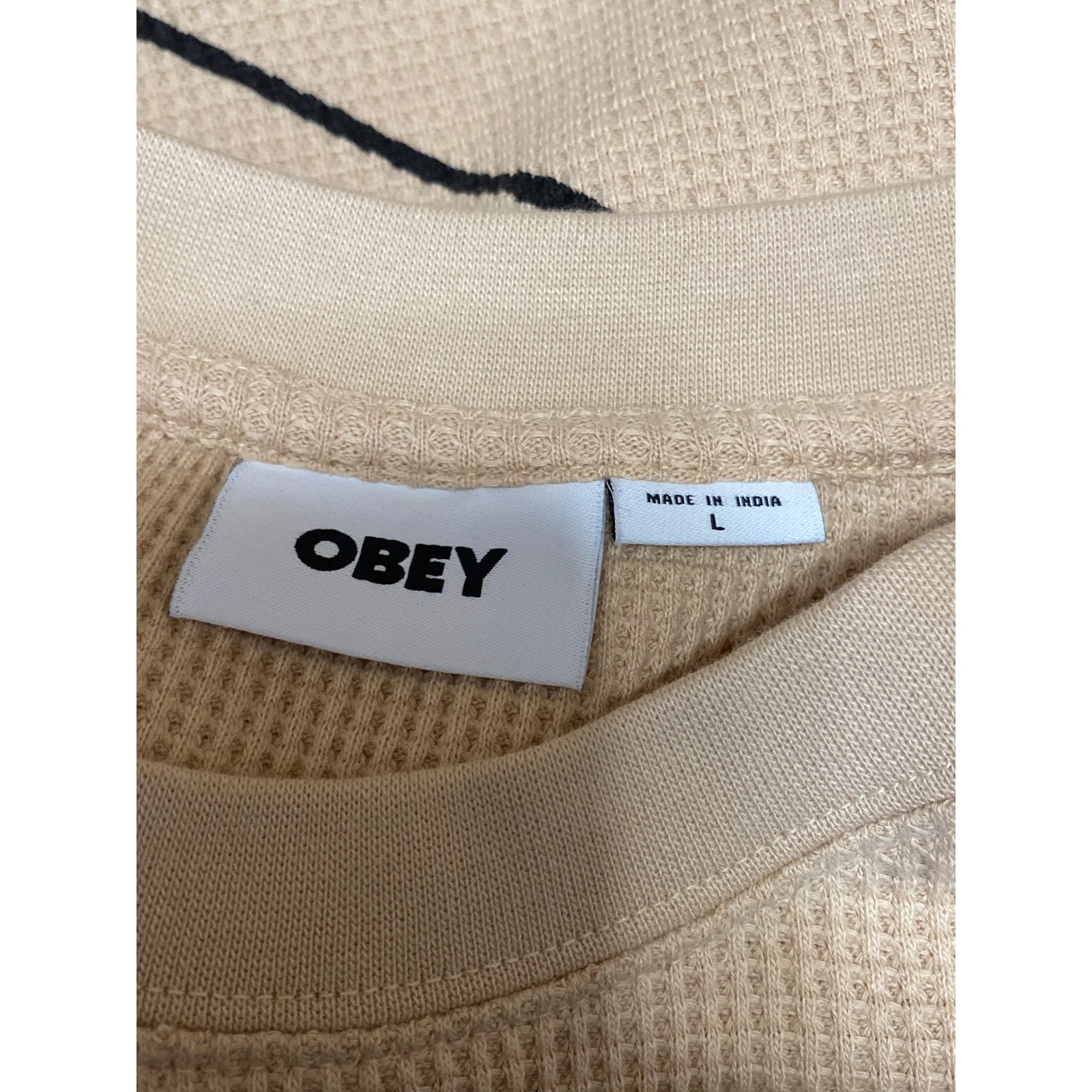 Obey Mens Beige Khaki Hearts Waffle Knit Crewneck Long Sleeve Sweater Top Size L - Image 3