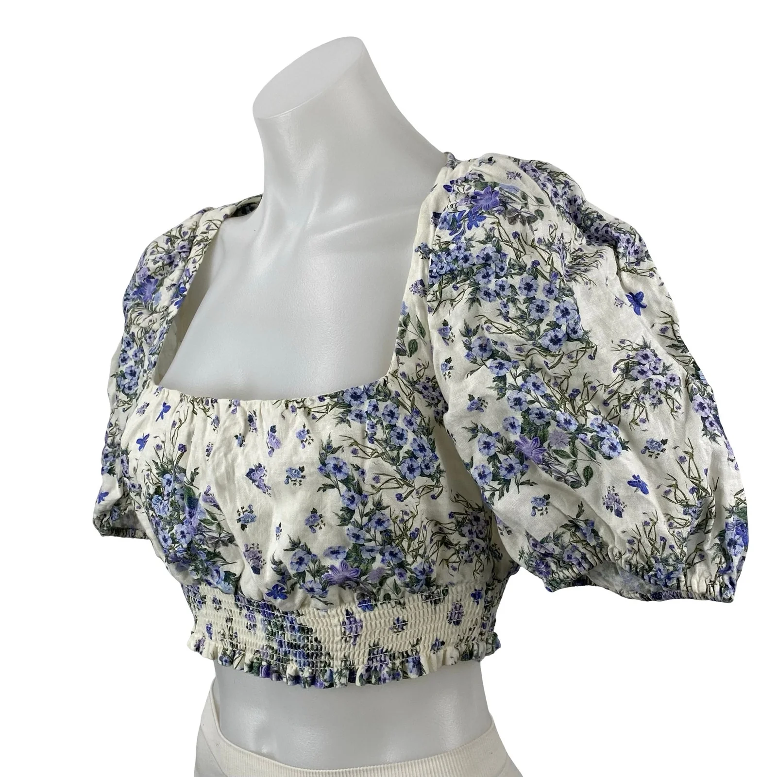 & Other Stories Blue White Floral Short Puff Sleeve Smocked Crop Blouse Top 4 - Image 2