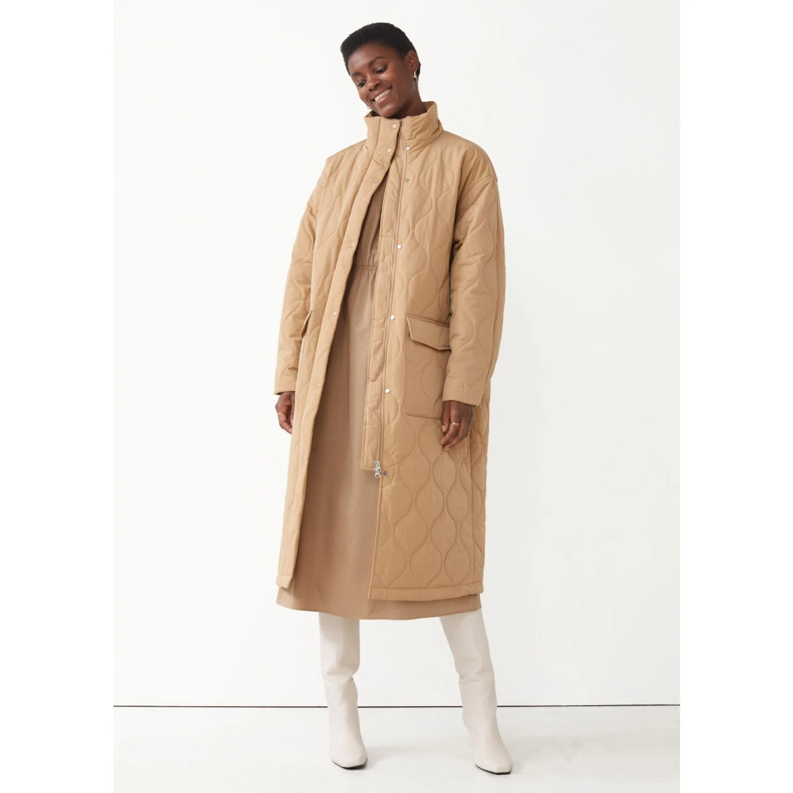 & Other Stories Women Tan Longline Oversized Puffer Quilted Coat Jacket Size XS - Image 4